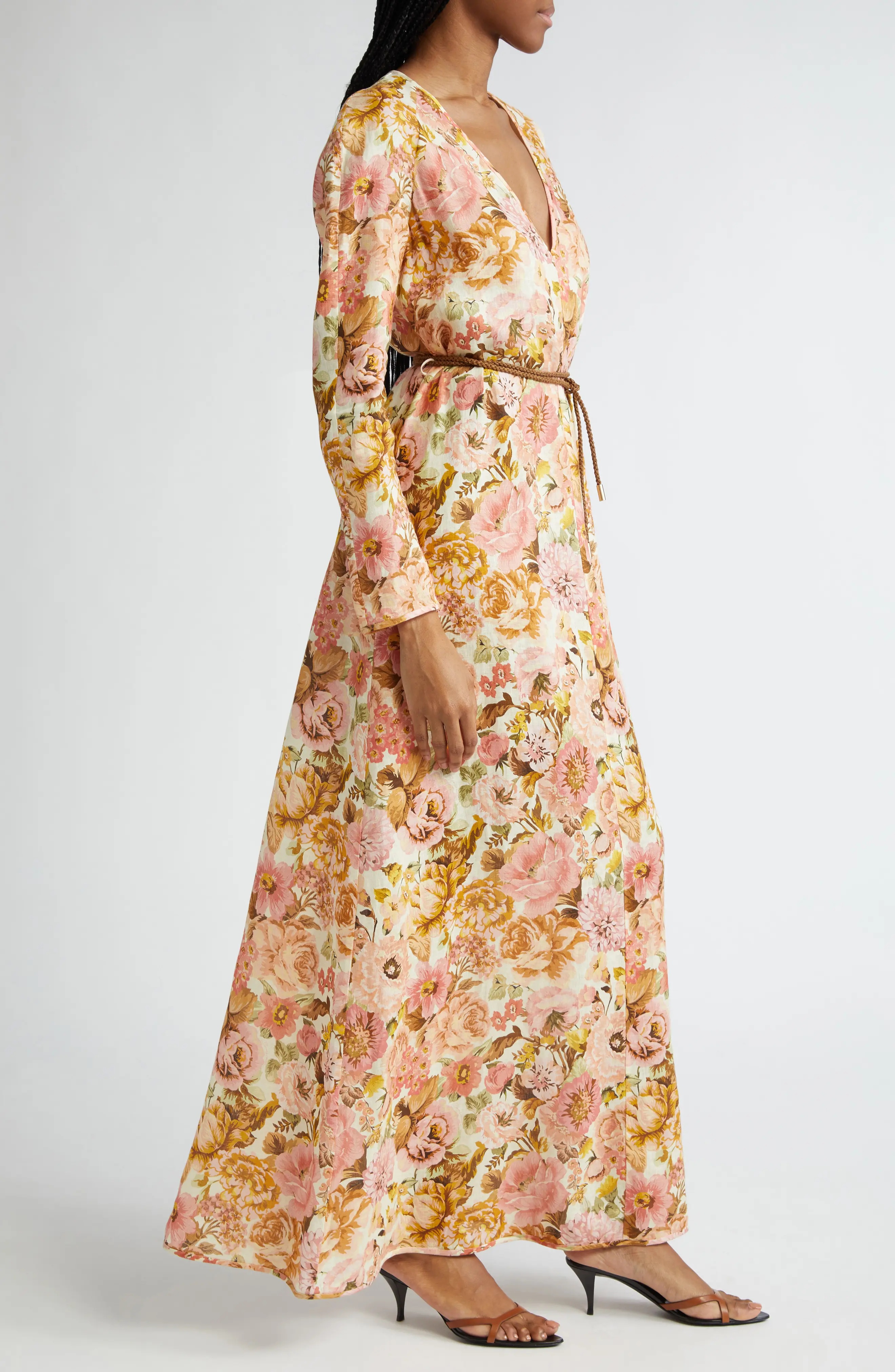 Golden Floral Print Long Sleeve Linen Maxi Dress - 3