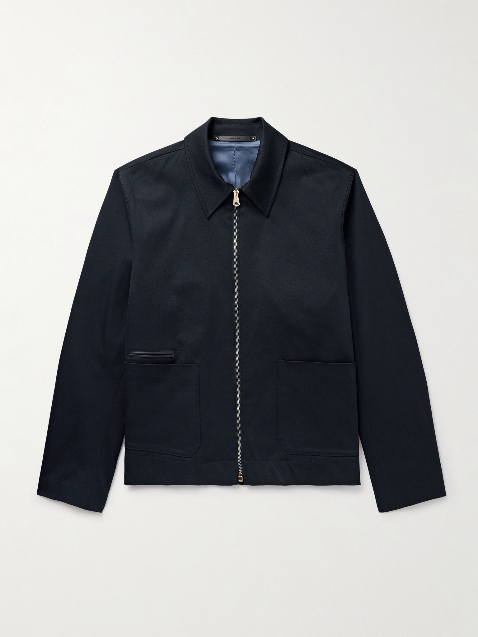 Leather-Trimmed Cotton-Blend Twill Harrington Jacket Navy - 1