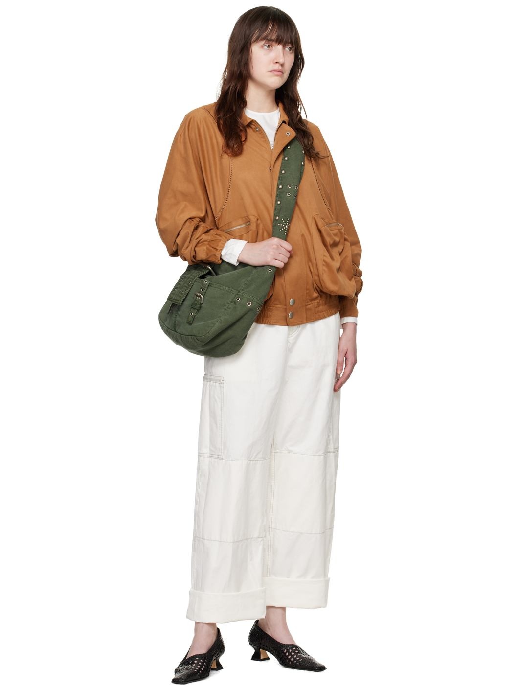 Tan Embroidered Faux-Leather Bomber Jacket - 4
