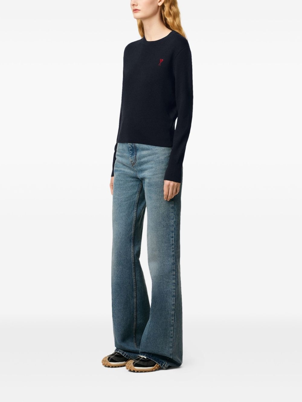 crewneck heart-embroidered wool sweater - 3