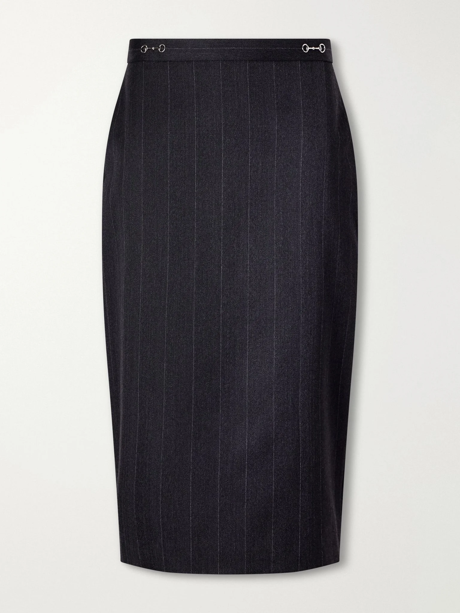 Horsebit-embellished pinstriped herringbone wool knee-length skirt Dark gray - 1