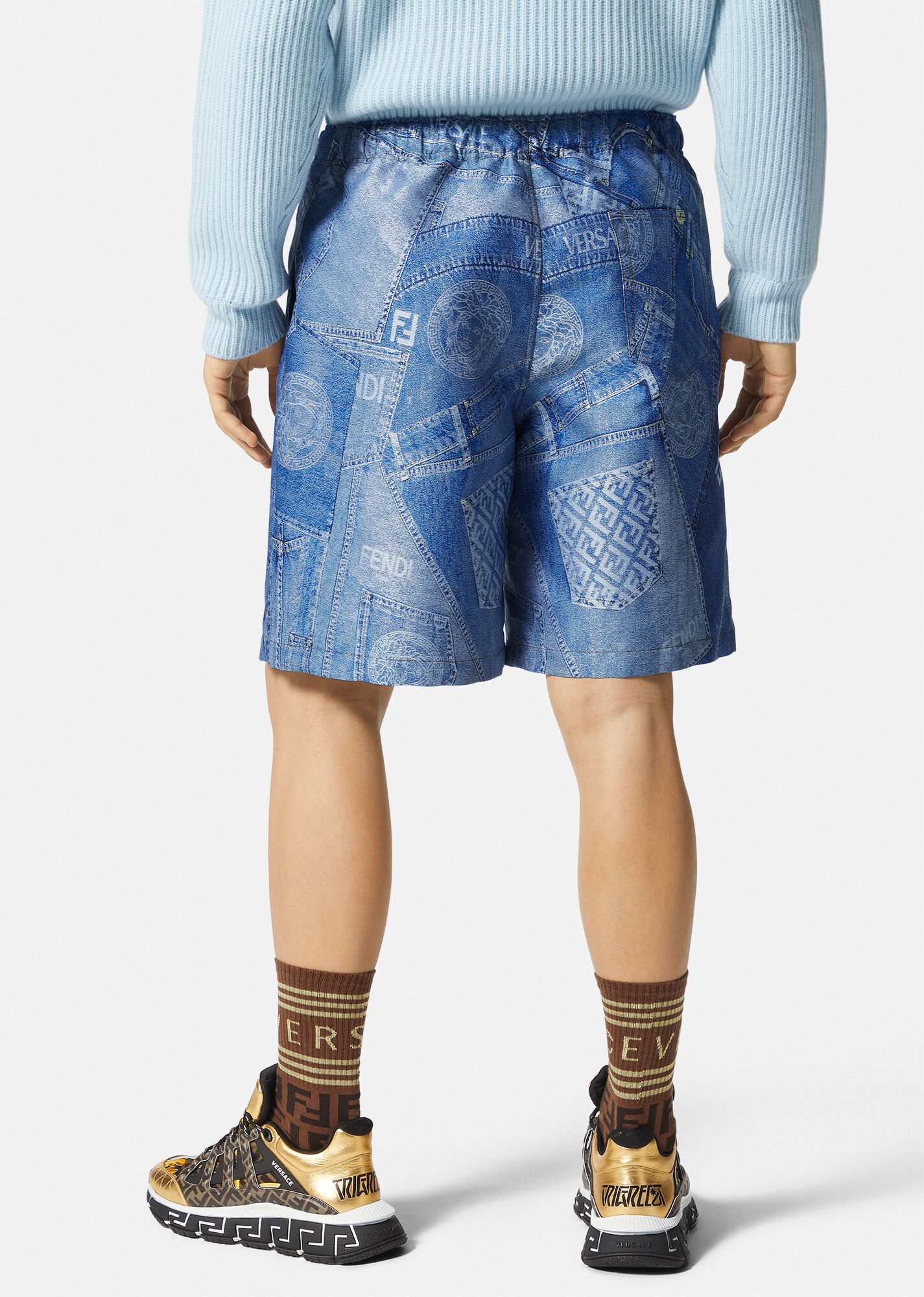 Fendace Denim Patchwork Jacquard Shorts - 4