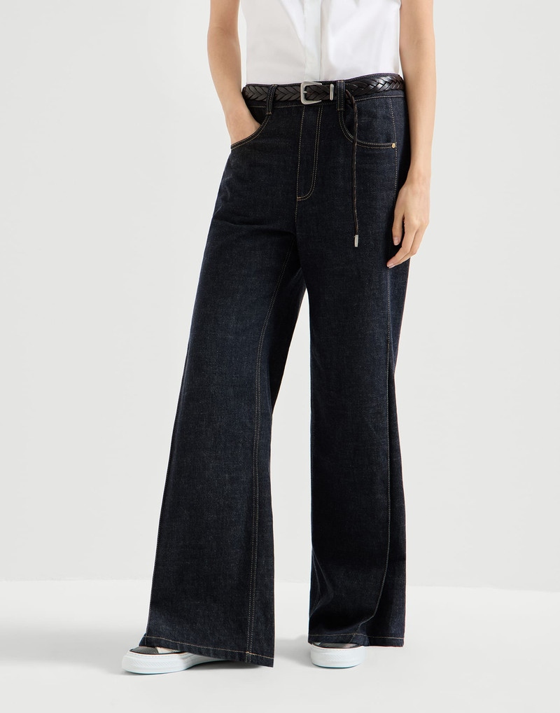 No-fade denim loose flared trousers with monili 2