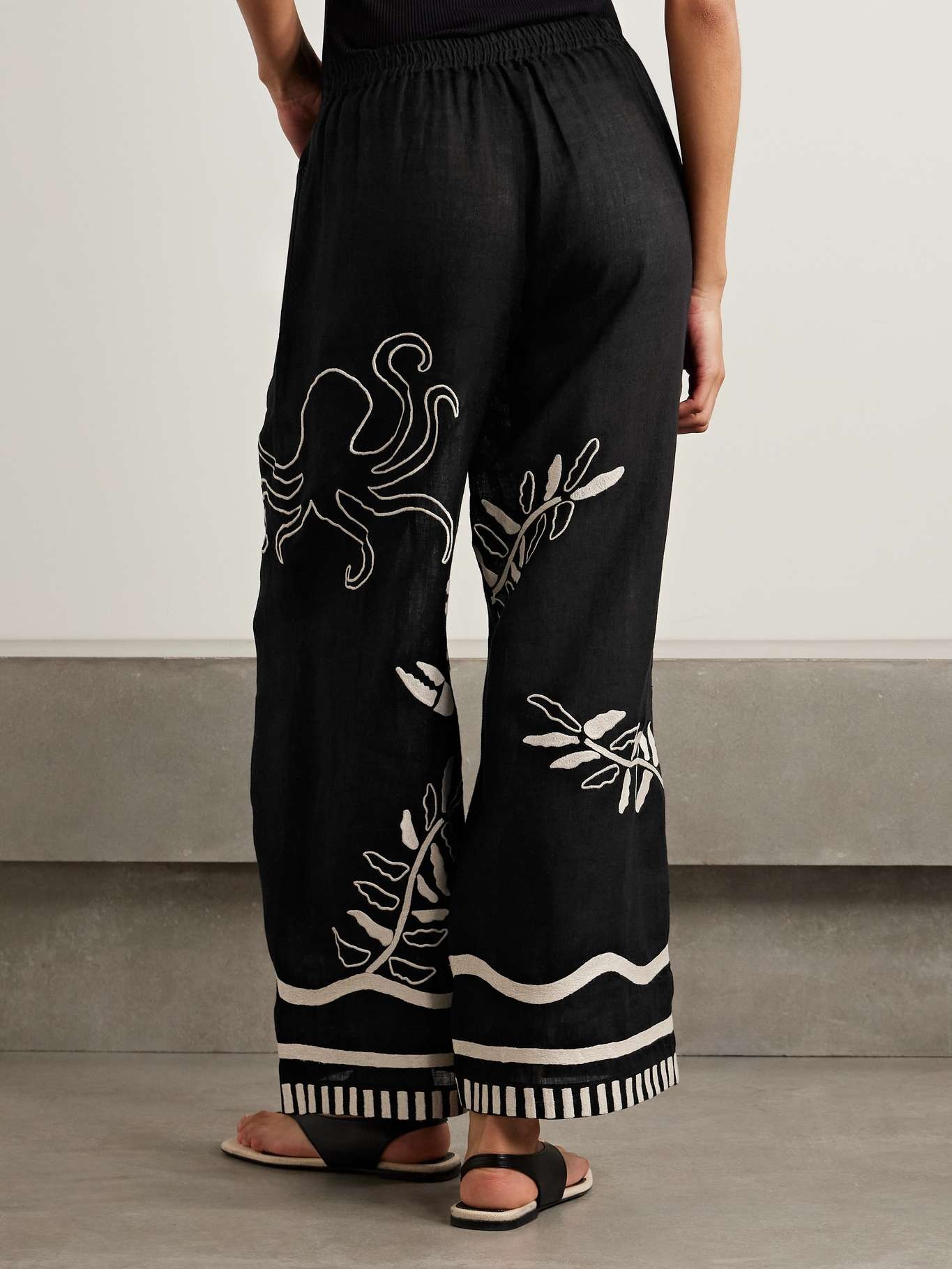 Mermaid Octopus embroidered linen wide-leg pants Black - 4