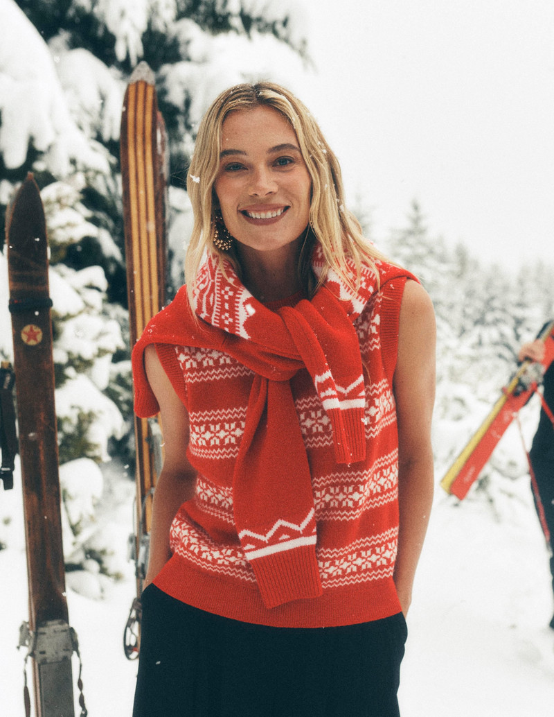 Edie Fair Isle Vest-Poppy Red, Warm Ivory 7
