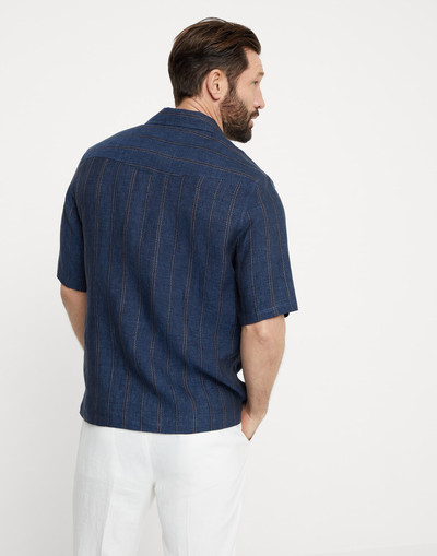 Brunello Cucinelli Textured stripe linen short sleeve easy fit shirt with camp collar outlook