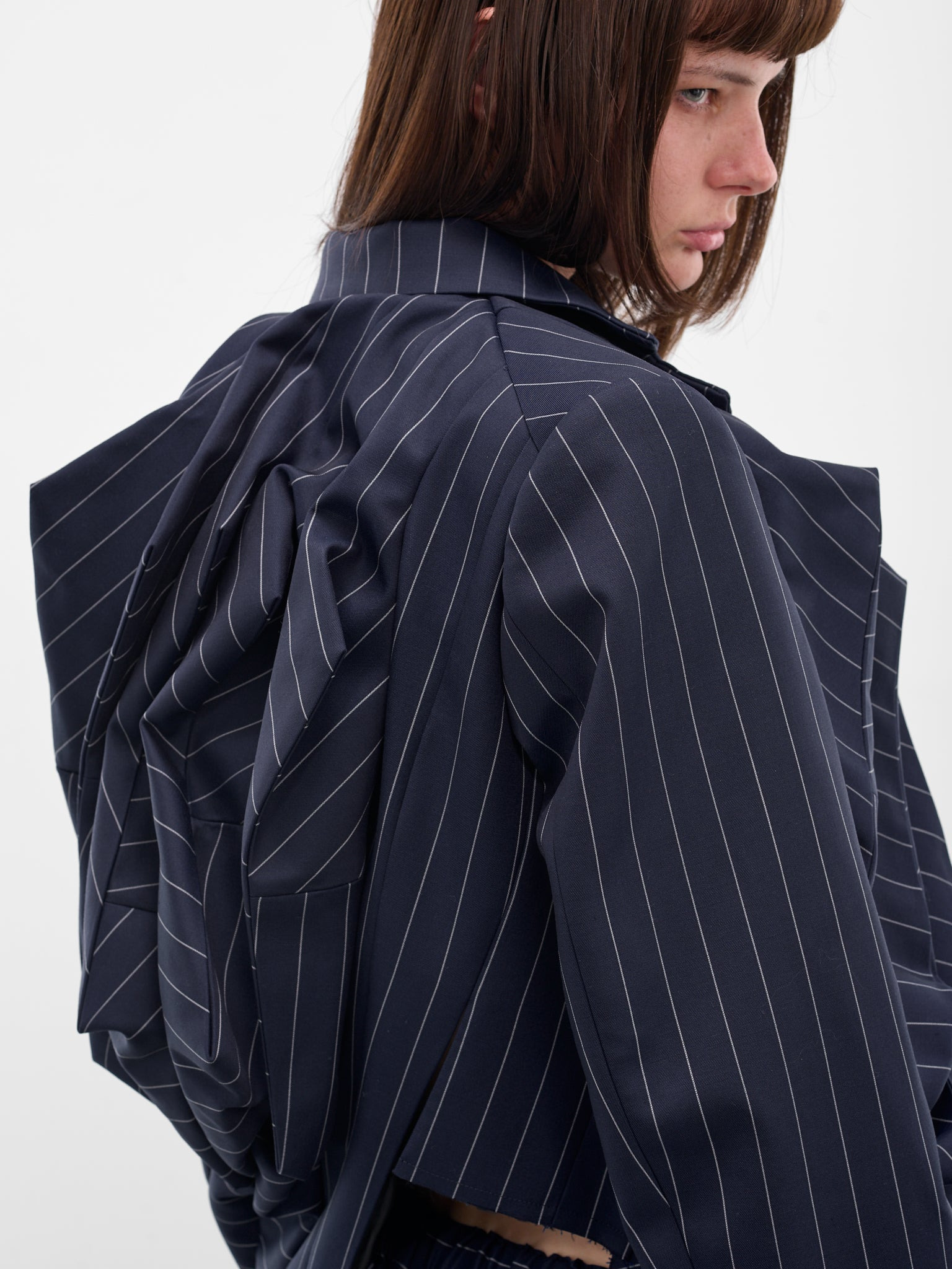 Navy Pinstripe Twisted Draping Blazer - 5