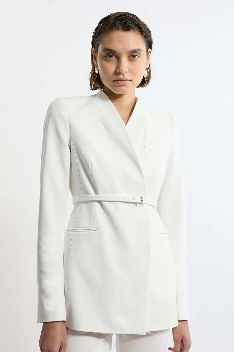 Structured Crepe Tailored Collarless Belted Blazer 1