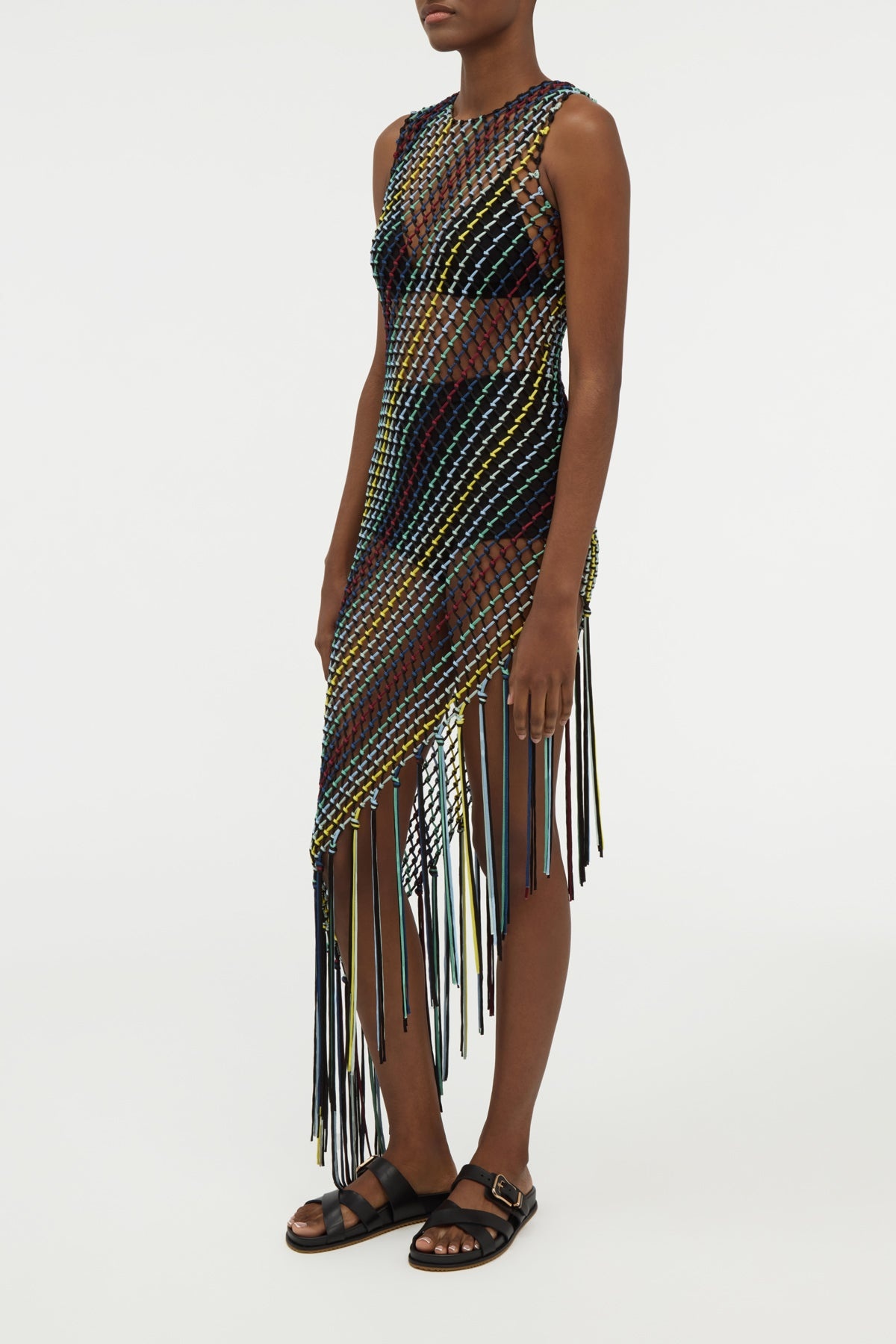 Nabia L Fringe Macrame Maxi Dress in Black Multi Silk - 4