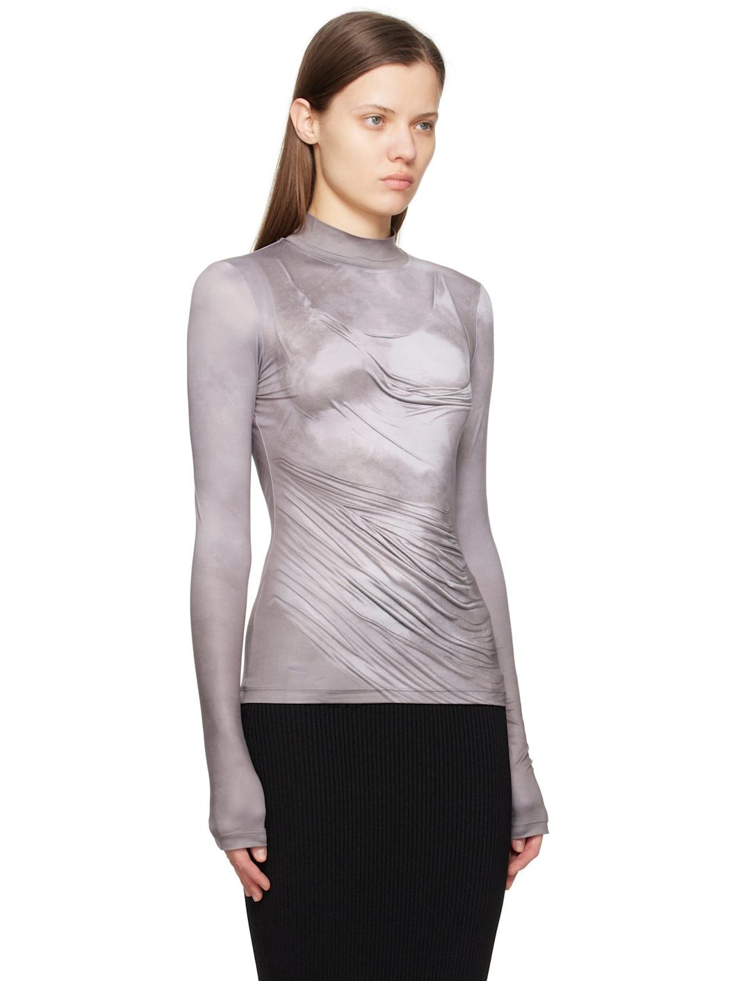 Gray Draped Print Trompe L'oeil T-shirt - 2