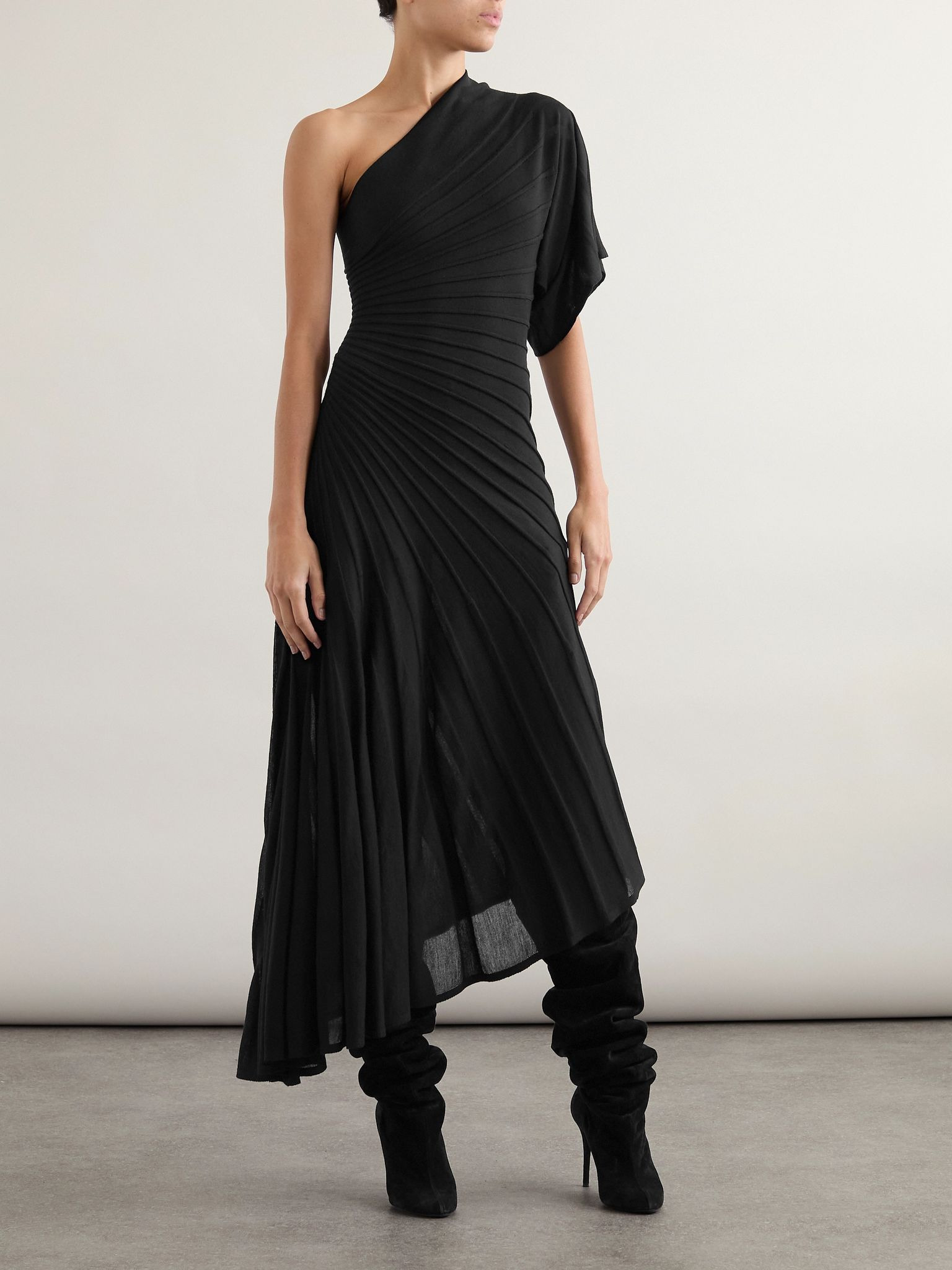 One-shoulder ribbed wool midi dress Black - 2