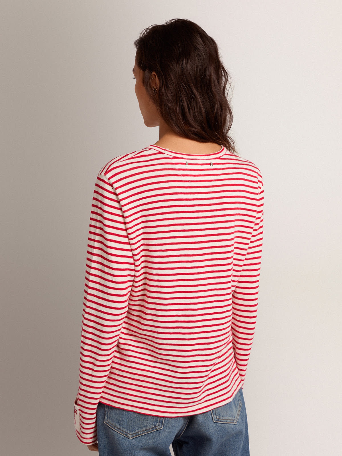 Women's T-shirt with white and red stripes and embroidery on the front - 4