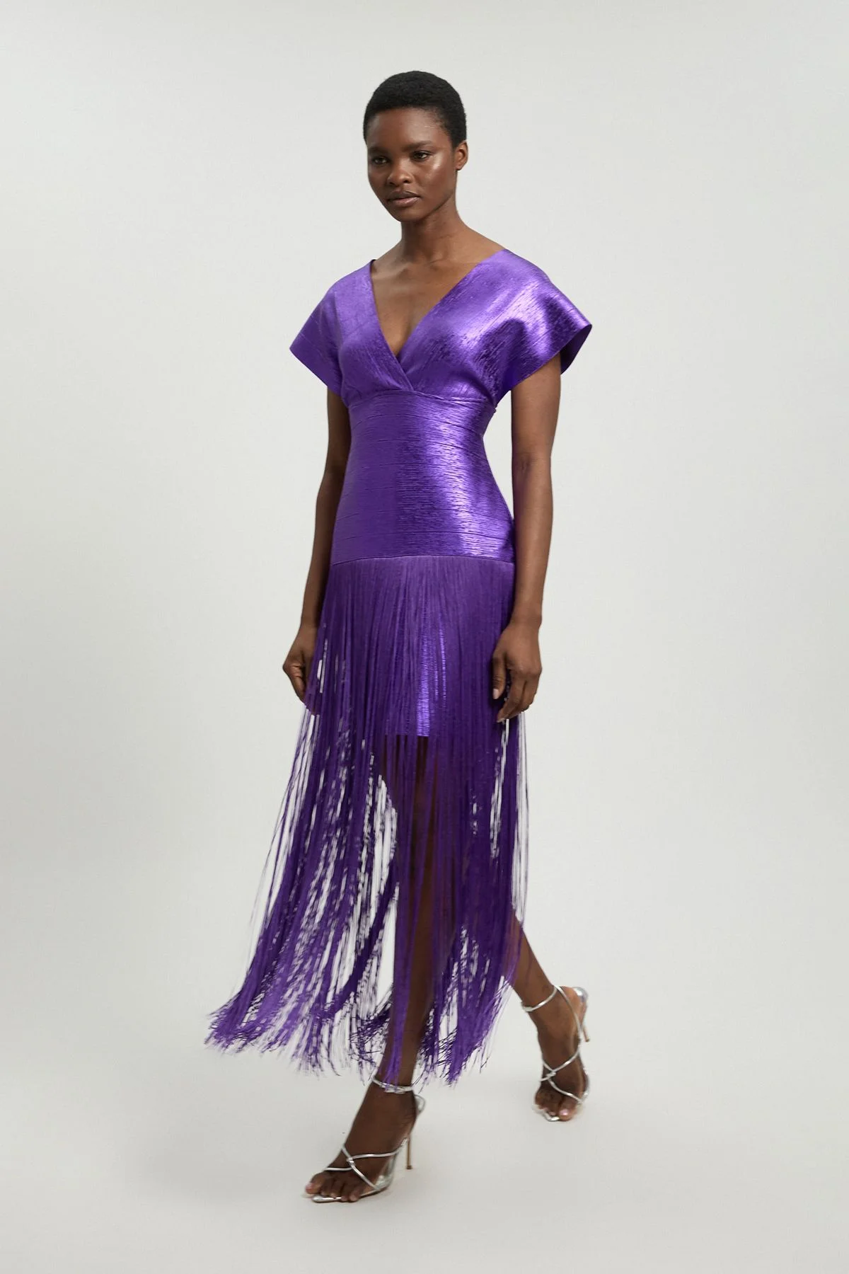 Foil Metallic Figure Form Bandage Angel Sleeve Fringe Knit Maxi Dress - 1