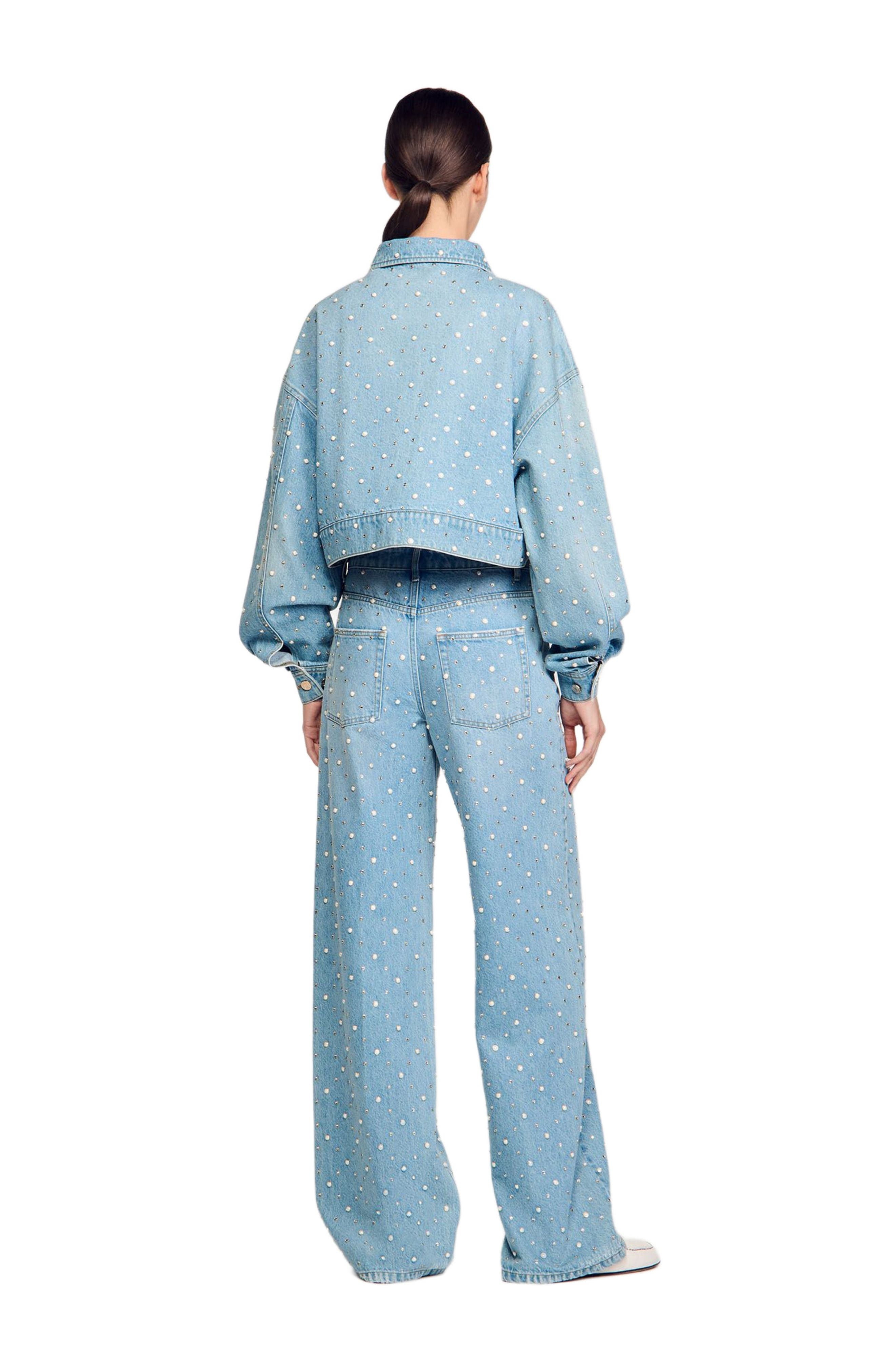 SANDRO Beaded and rhinestone denim jacket in Blue Jean at Nordstrom - 2