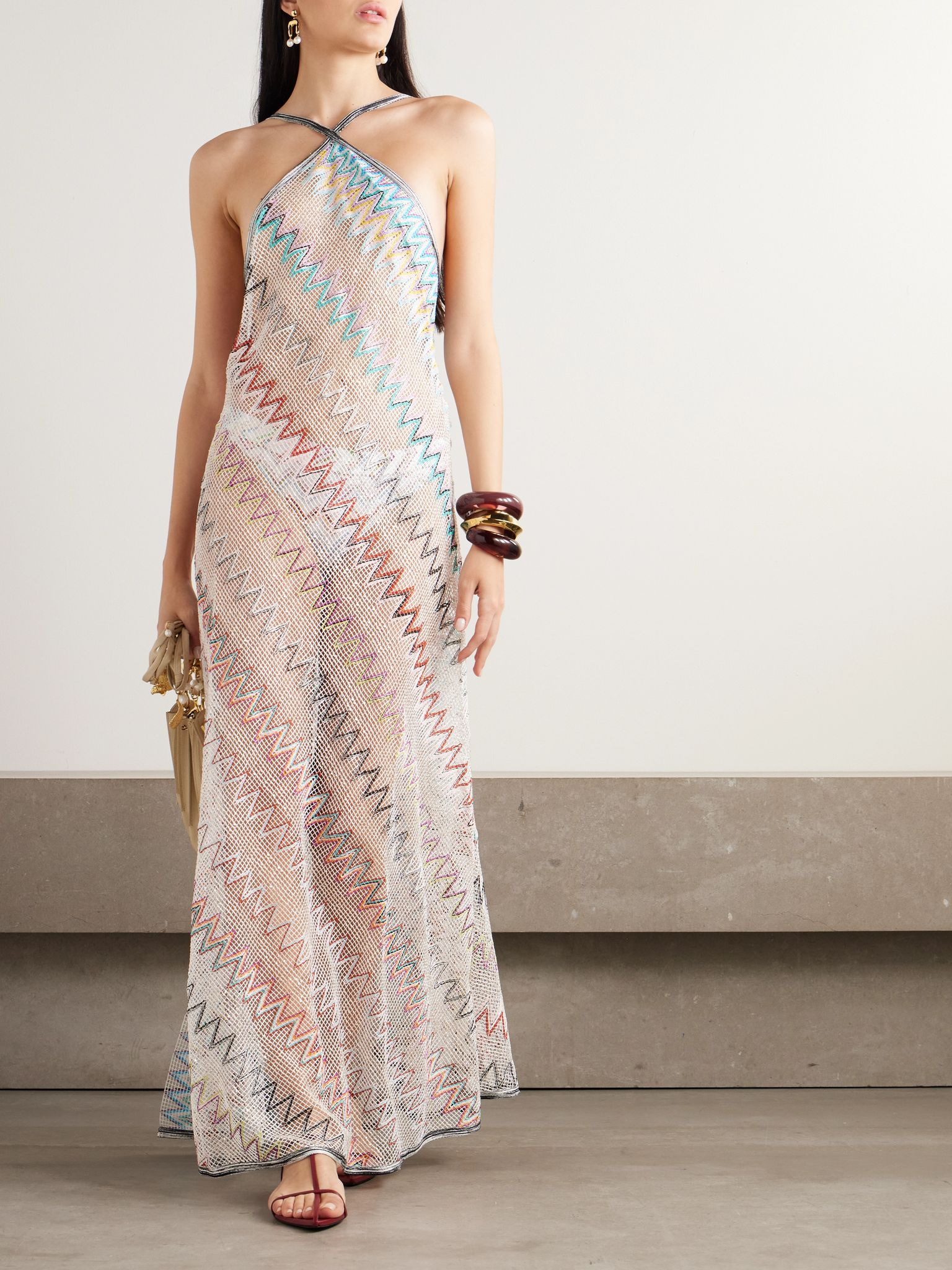 Mare striped metallic crochet-knit halterneck dress White - 2