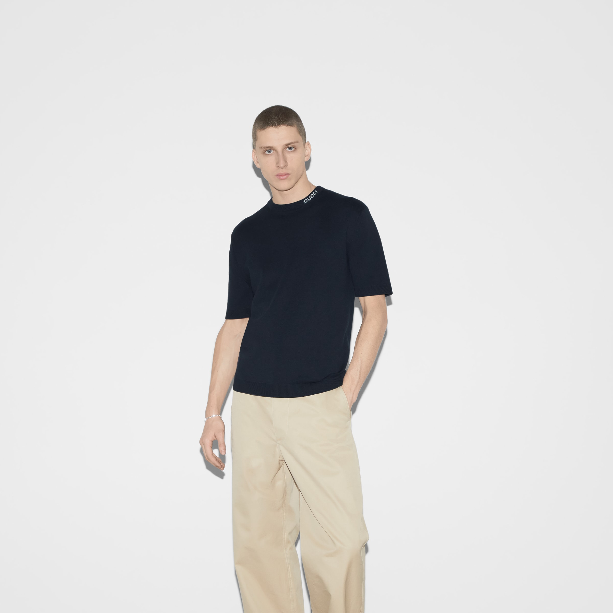 Silk cotton T-shirt with Gucci intarsia - 3