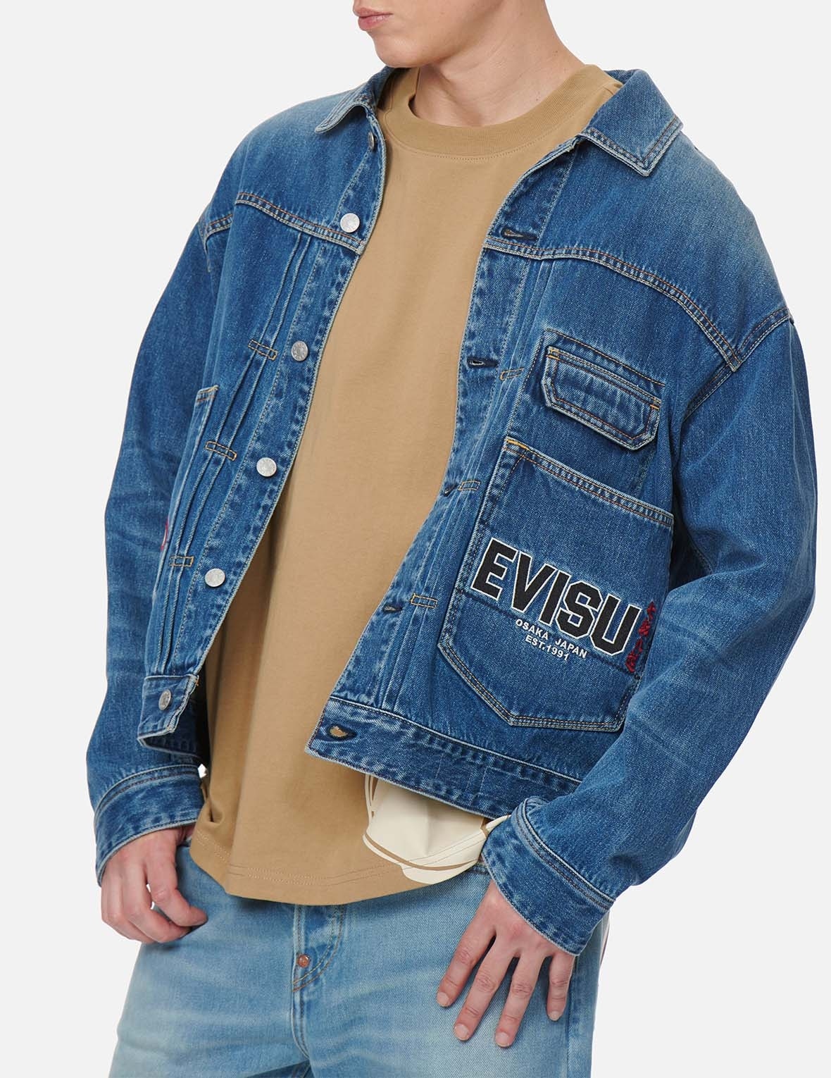 EVISU DARUMA BONSAI EMBROIDERED DENIM JACKET | REVERSIBLE