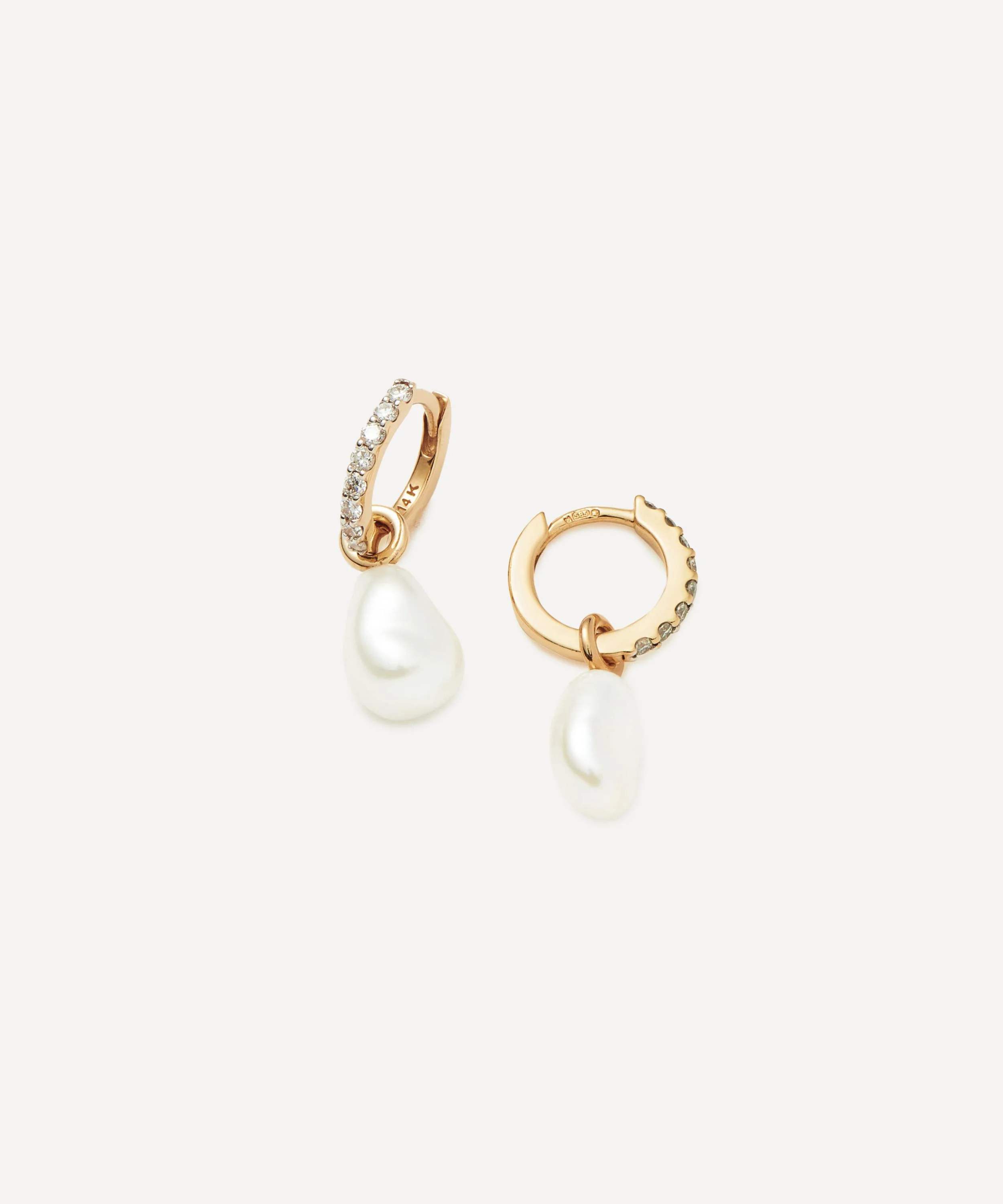 14ct Gold Fine Diamond and Pearl Charm Hoop Earrings - 1