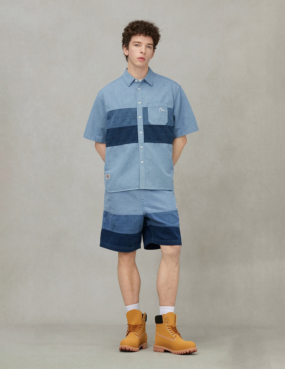 Panel Design Fashion Fit Denim Short-Sleeves Shirt - 3