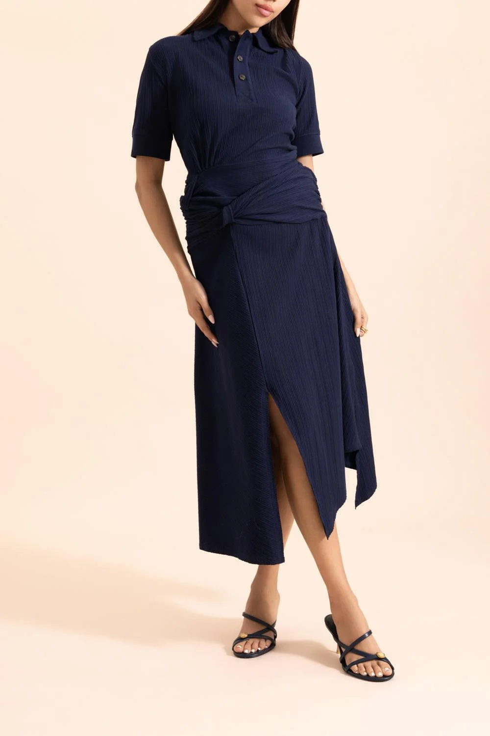 Twist Detail Polo Top - Navy - 1