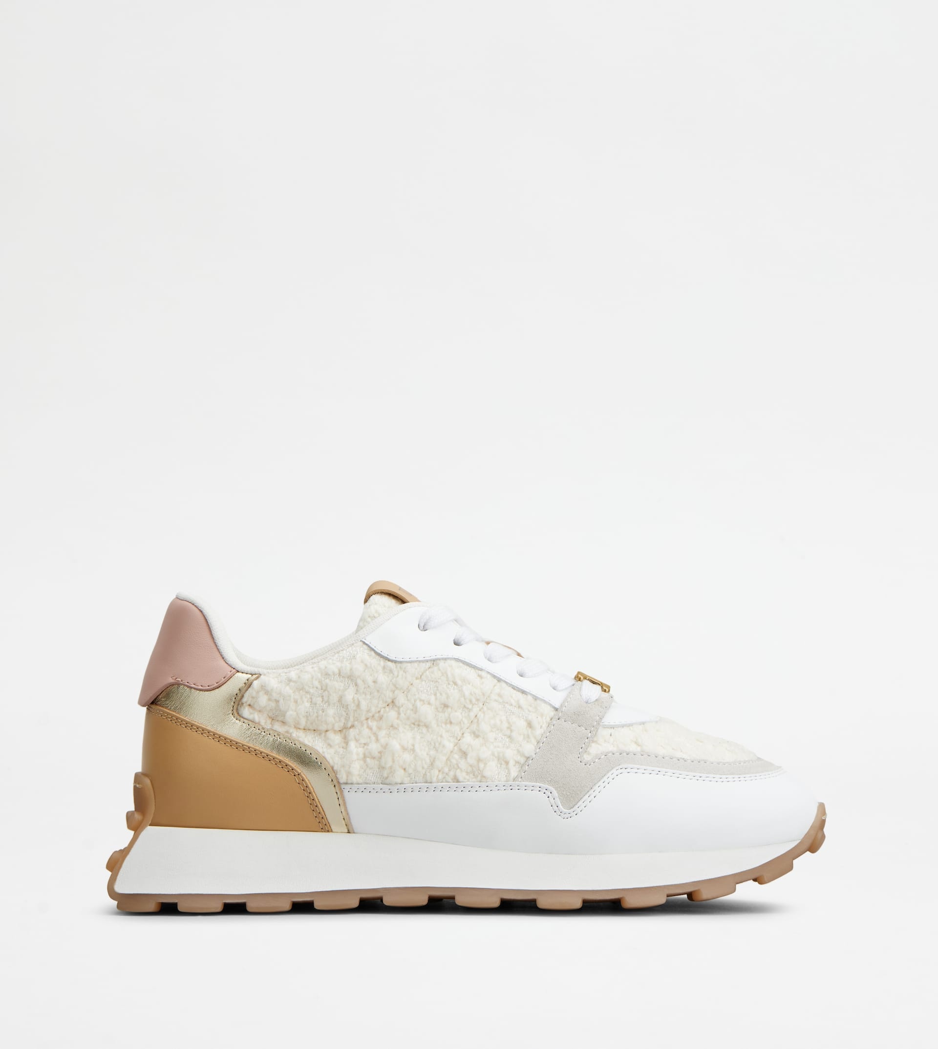 SNEAKERS IN LEATHER AND BOUCLÉ FABRIC - BEIGE, WHITE, PINK - 1