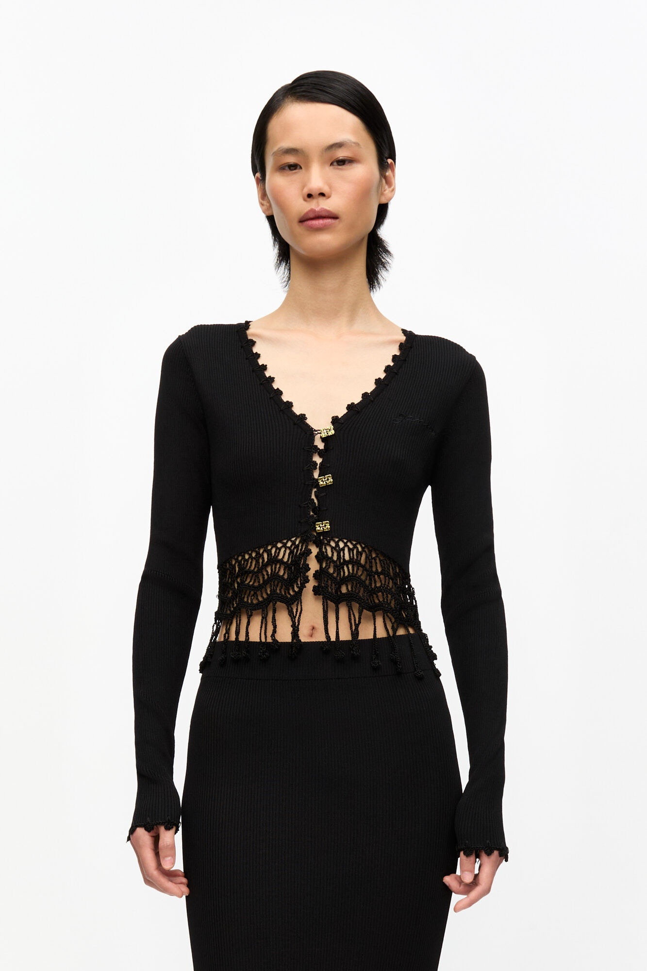 BLACK SHINY VISCOSE CROCHET CARDIGAN - 2