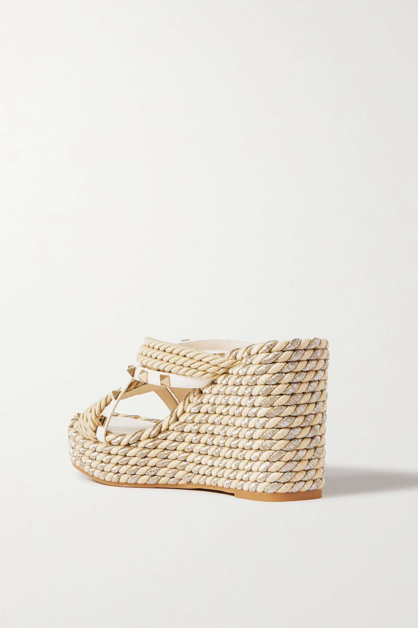 Valentino Garavani Torchon studded leather and metallic raffia wedge sandals - 2