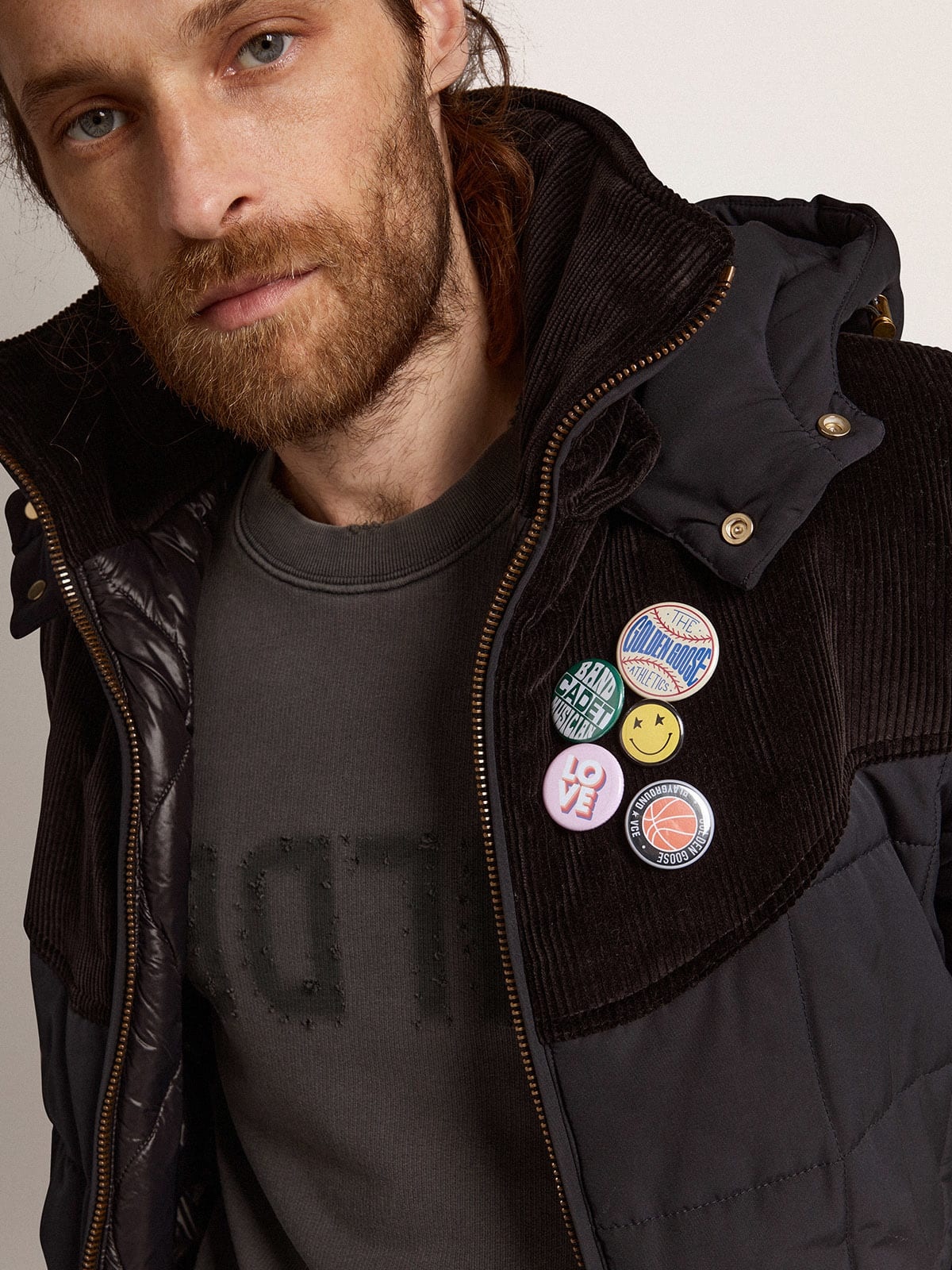Men's padded jacket in dark blue nylon and black cotton corduroy - 5