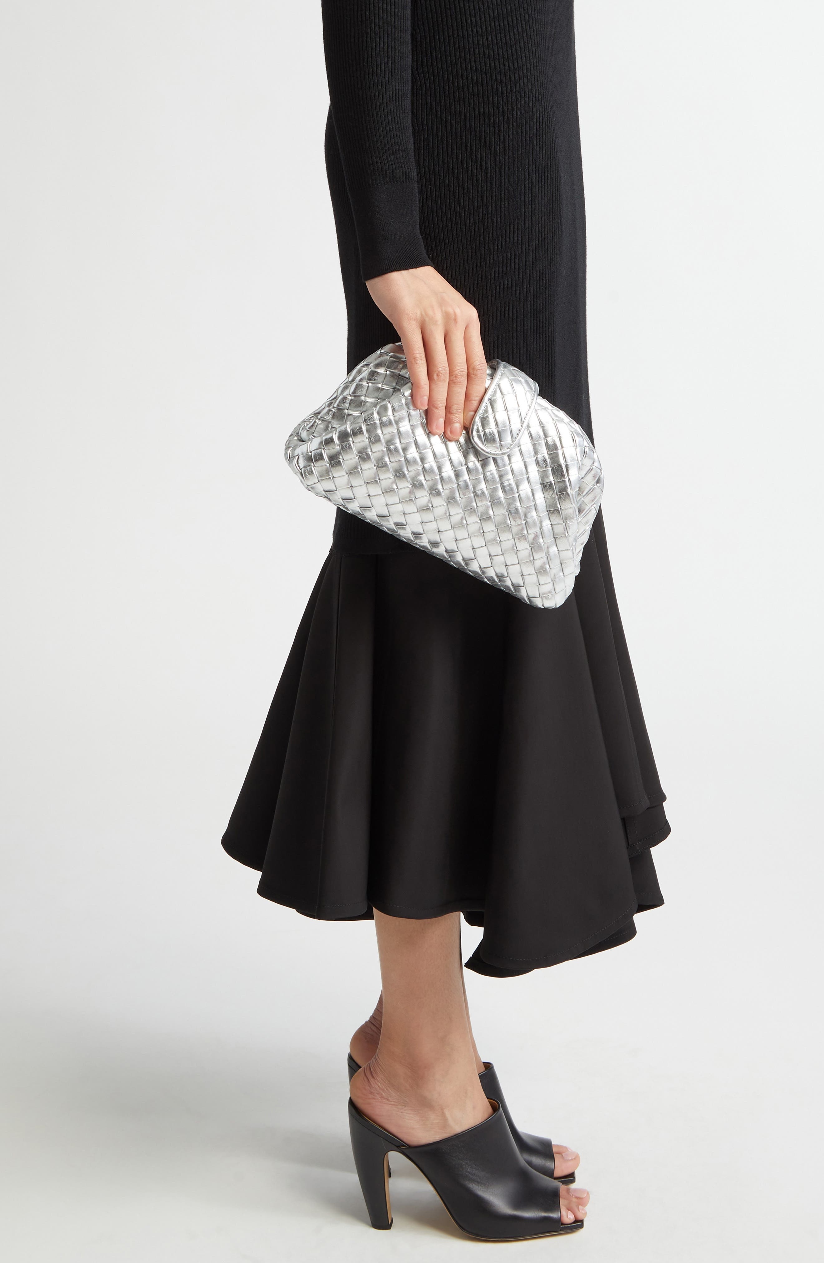 Bottega Veneta Mini Lauren 1980 Intrecciato Metallic Leather Clutch in Silver/Silver at Nordstrom - 3