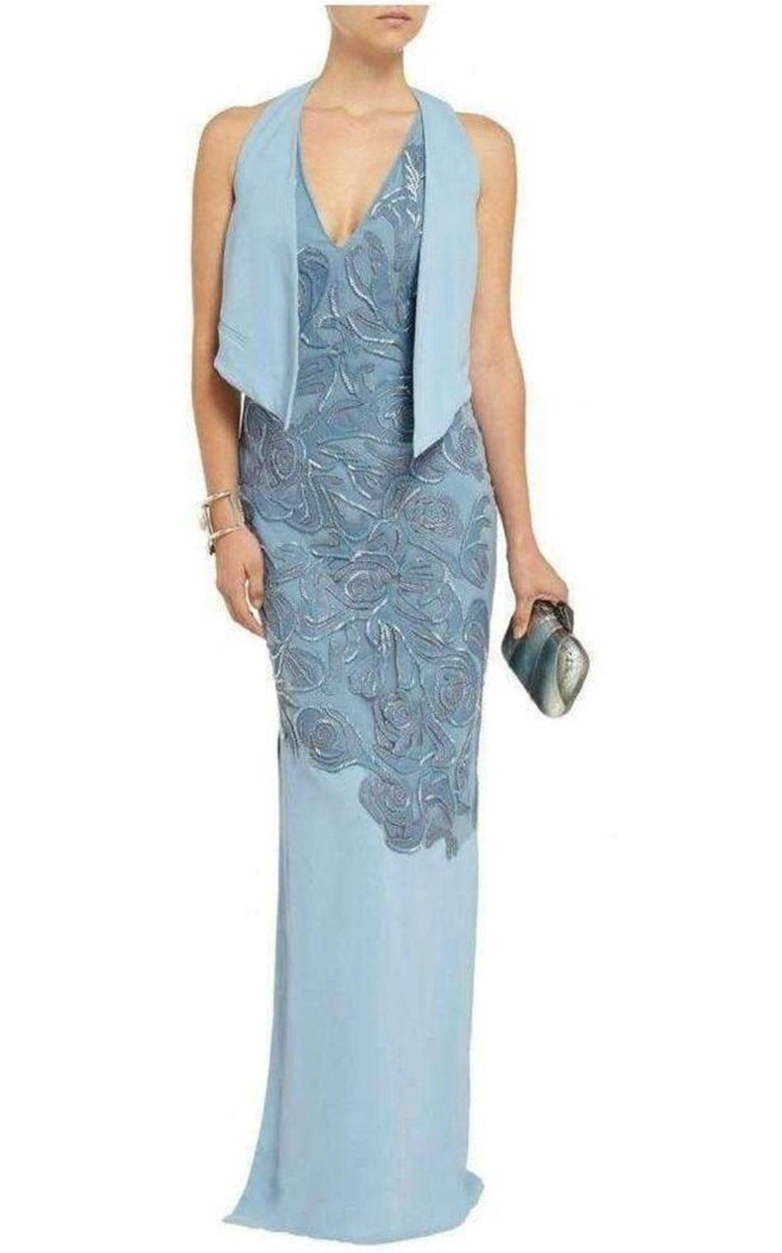 Blue Leather Cutout Lace Embellished Gown - 2