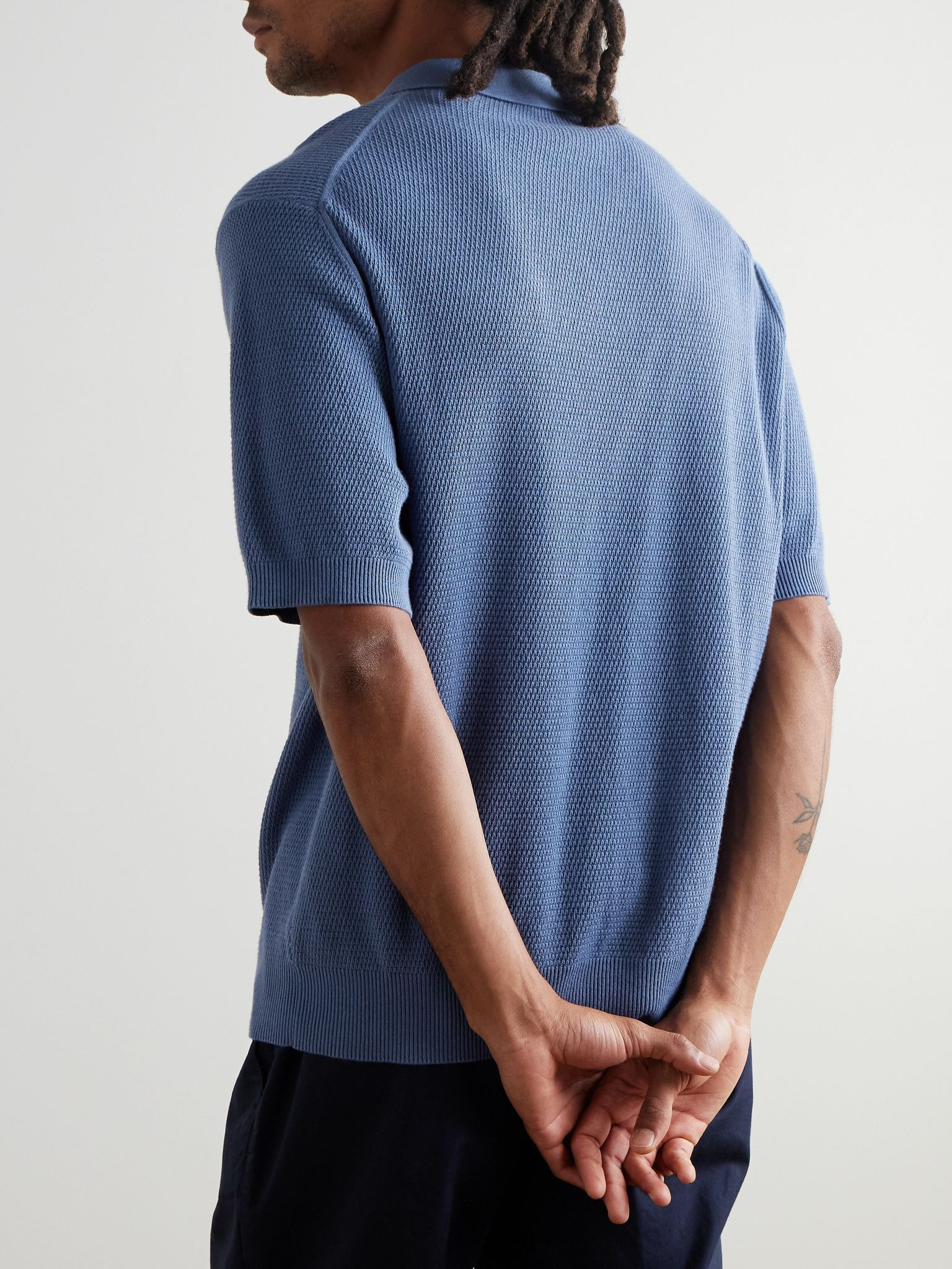 Cotton-Mesh Polo Shirt Blue - 3