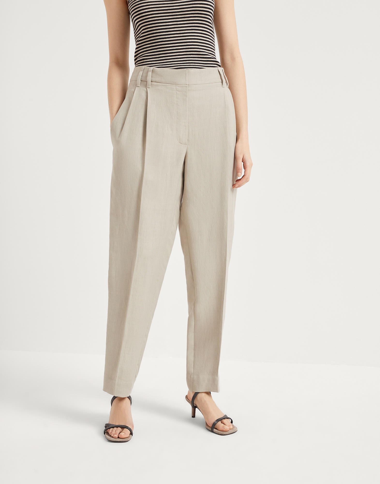 Viscose and linen fluid twill slouchy trousers with monili - 4