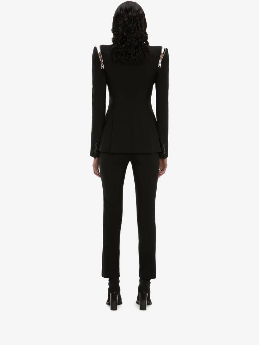 Zip Peak Shoulder Leaf Crepe Jacket in Black - 4