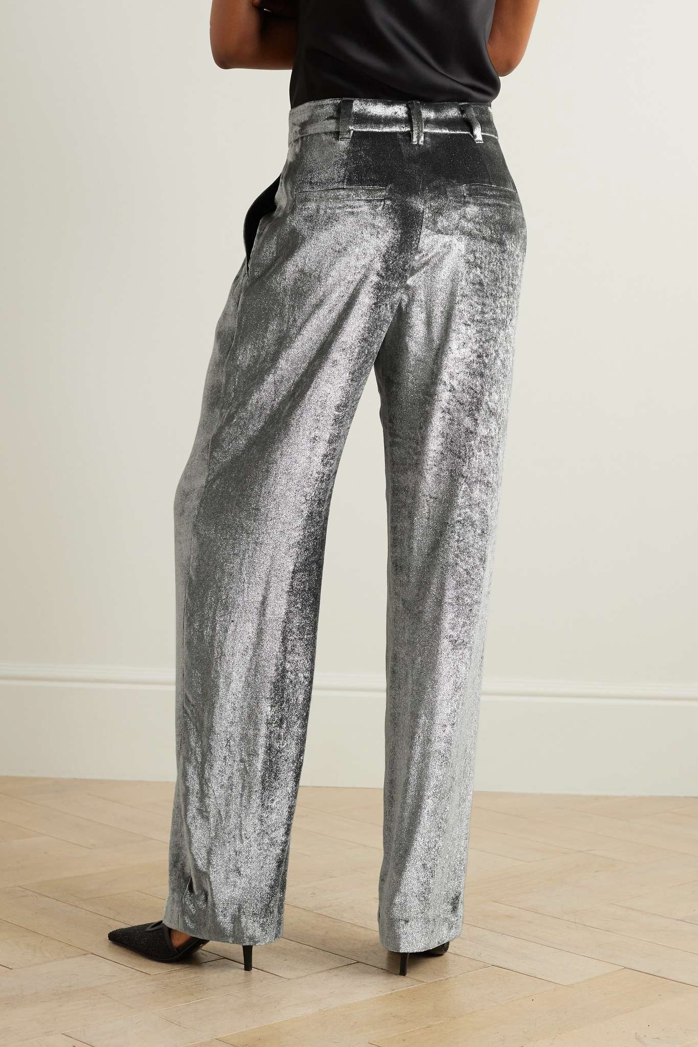 Pleated metallic velvet straight-leg pants - 3