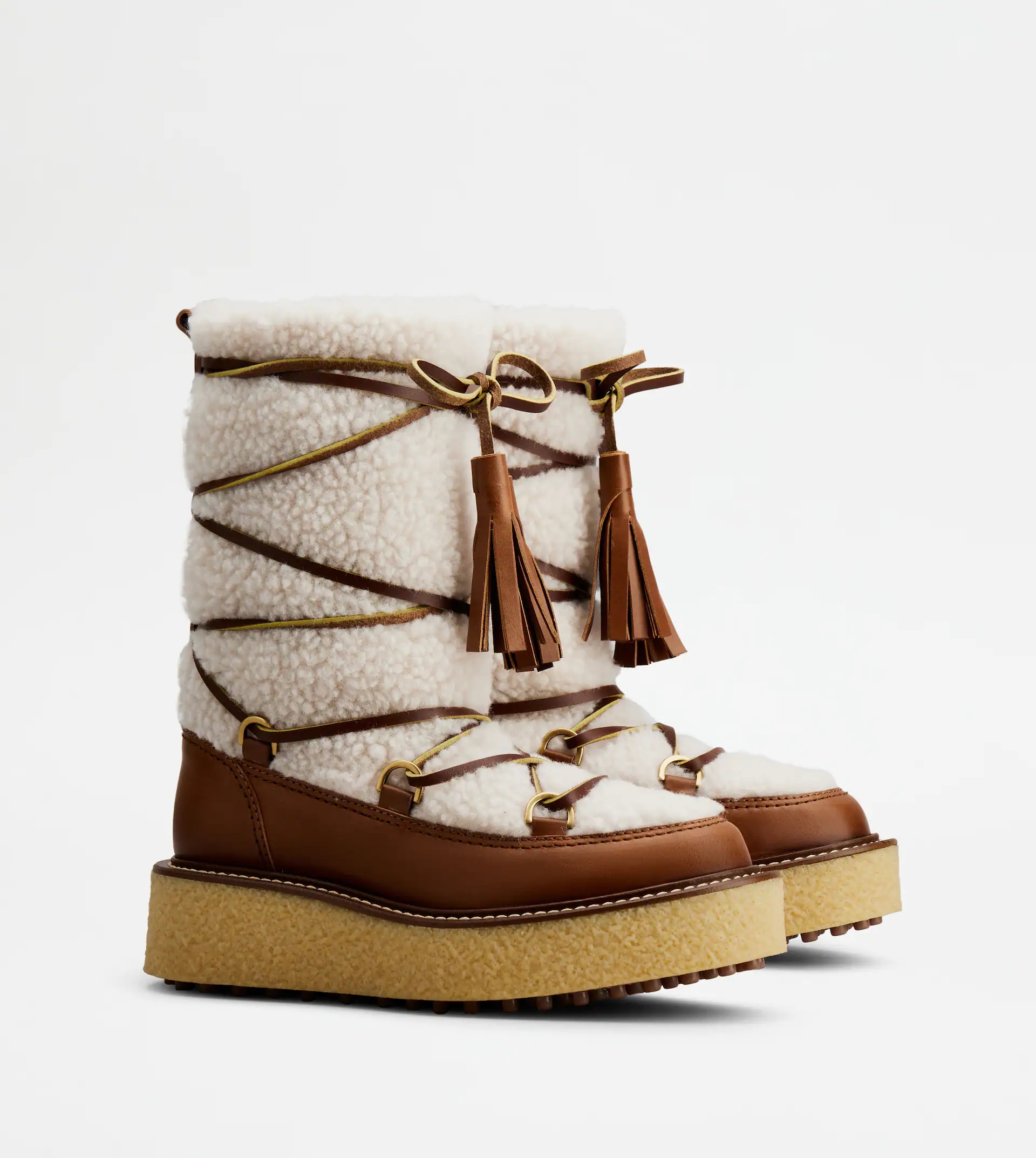 PLATFORM ANKLE BOOTS IN LEATHER AND WOOL - BROWN, OFF WHITE - 2
