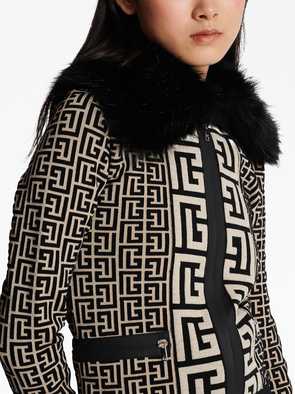 faux fur collar monogram jacket - 7