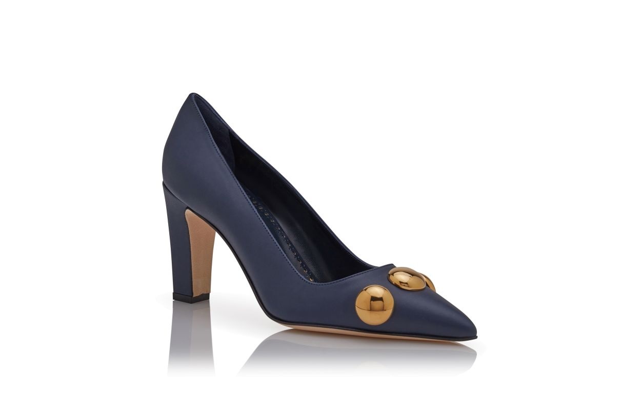 Navy Blue Calf Leather Pointed Toe Pumps - 3