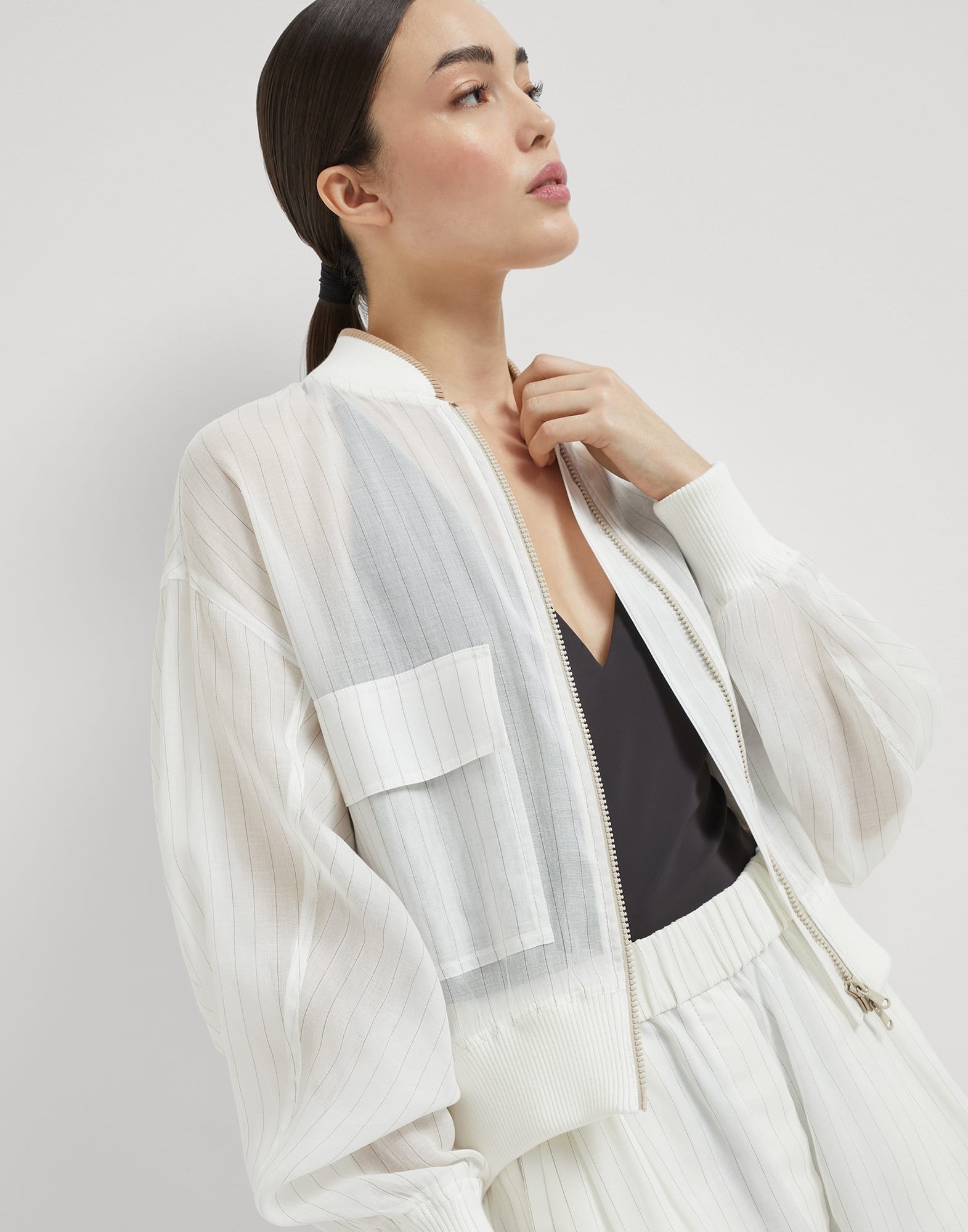 Cotton pinstripe organza bomber jacket with monili - 4
