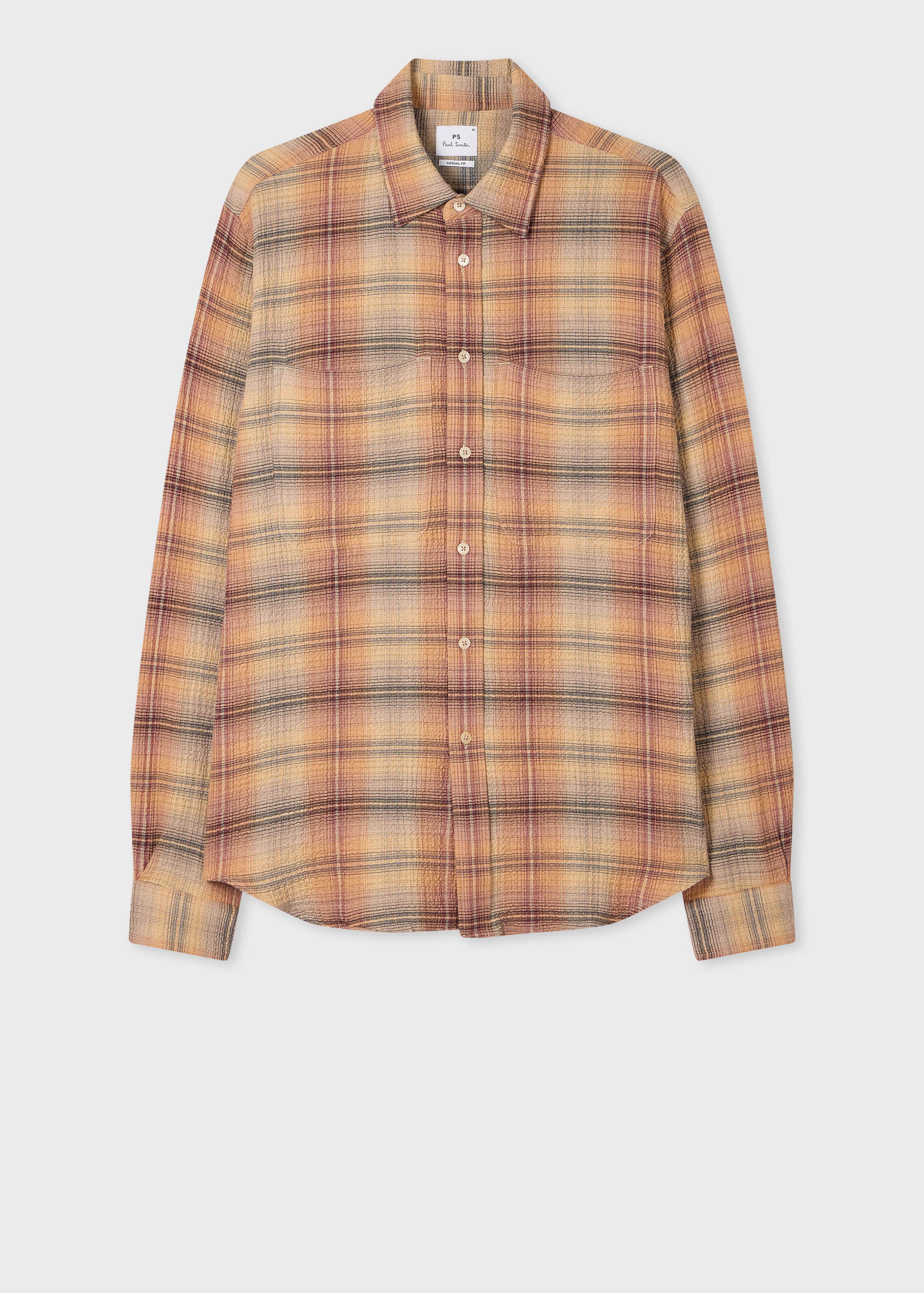 Orange and Beige Cotton-Cashmere Crinkle Check Shirt - 1