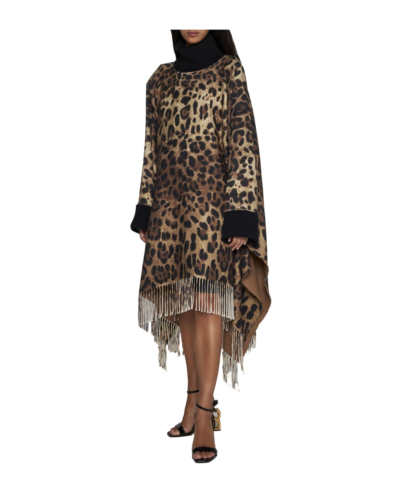 Leopard Printed Fringed Poncho - 2