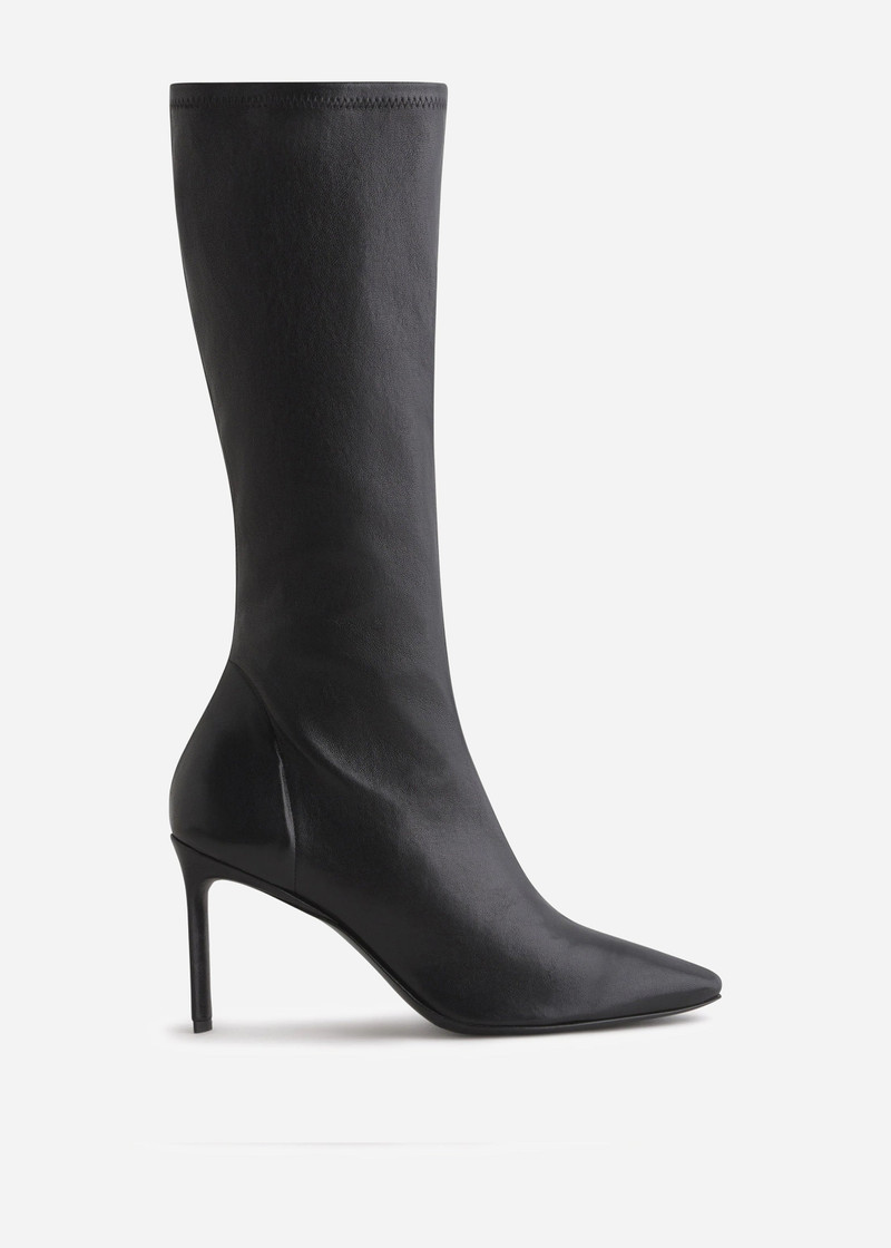 Pointed Stretch Leather Heel Boot in Black 1