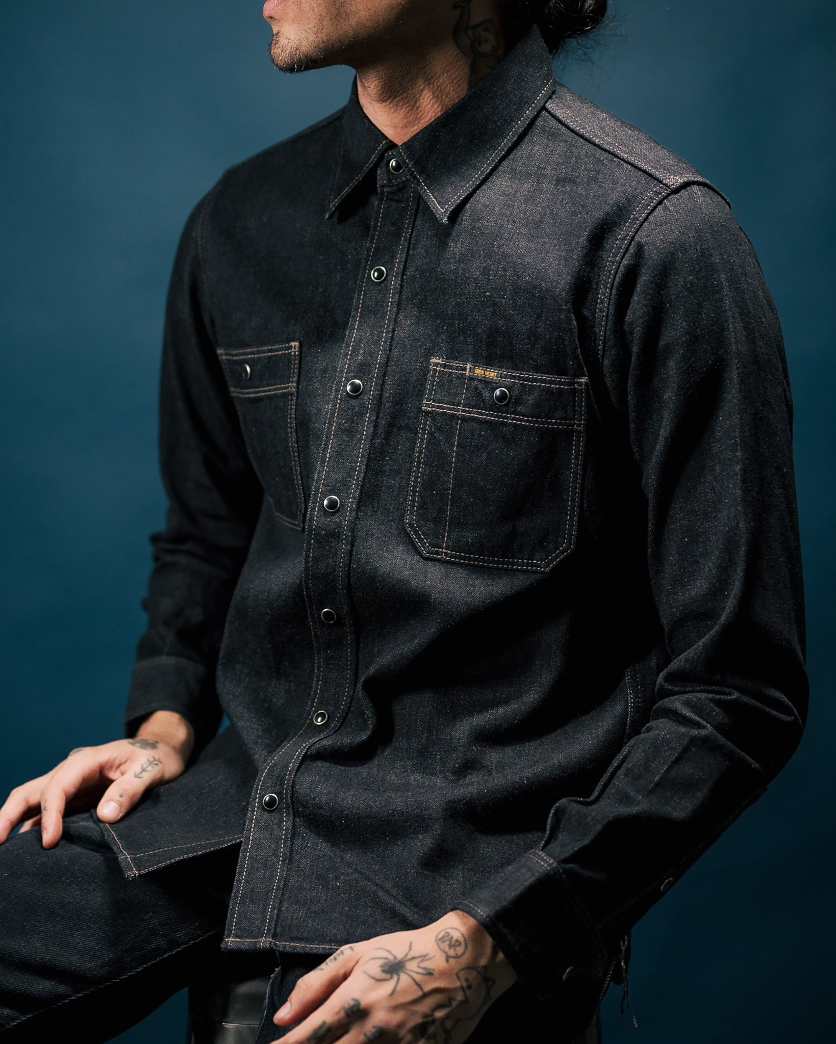 IHSH-326-BLK 12oz Selvedge Denim Work Shirt With Snaps - Black/Cream - 11