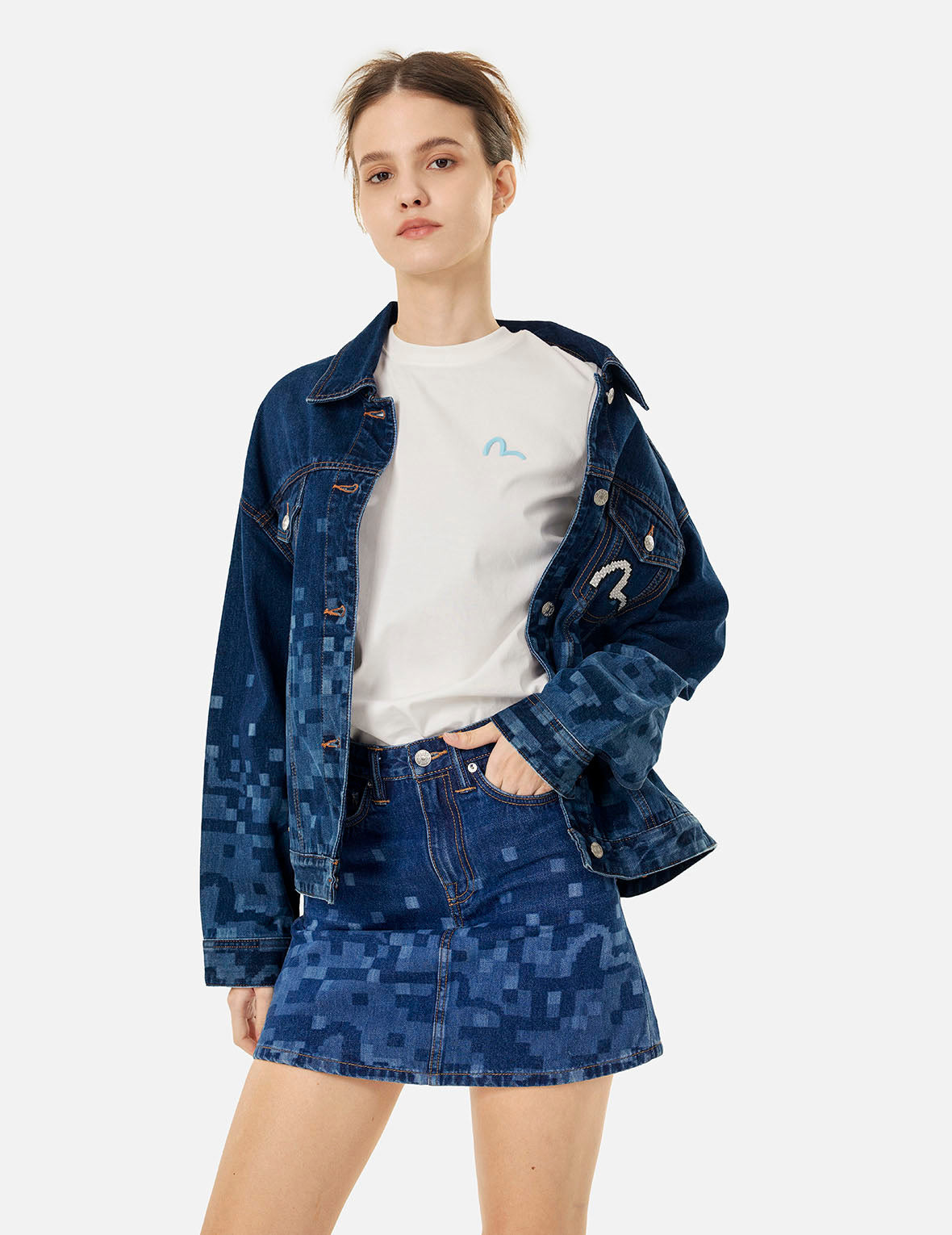 PIXEL SEAGULL EMBROIDERY AND PRINT OVERSIZED DENIM JACKET - 5
