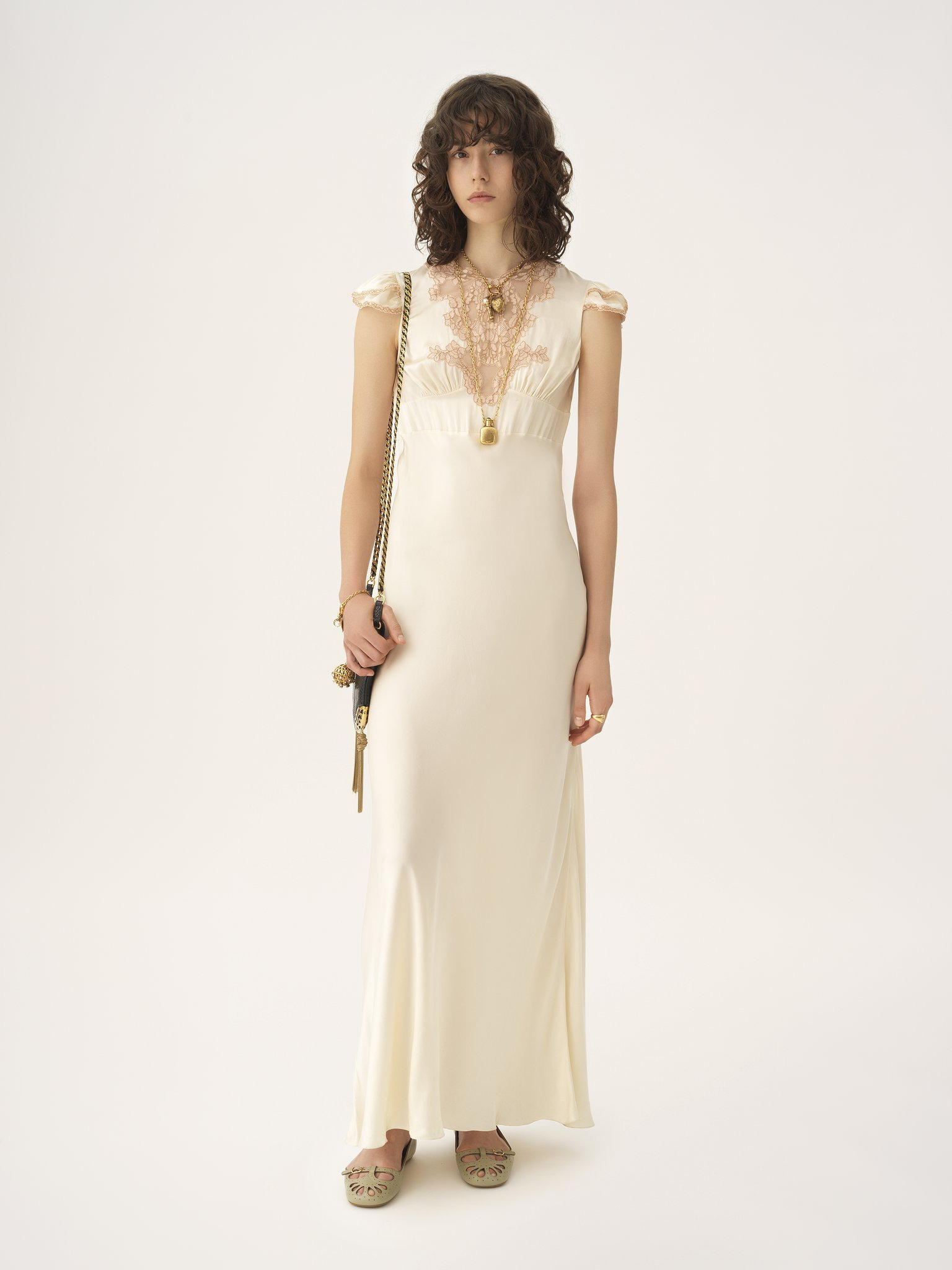 CAP-SLEEVE COLUMN DRESS IN WASHED SILK SATIN & LACE - 3