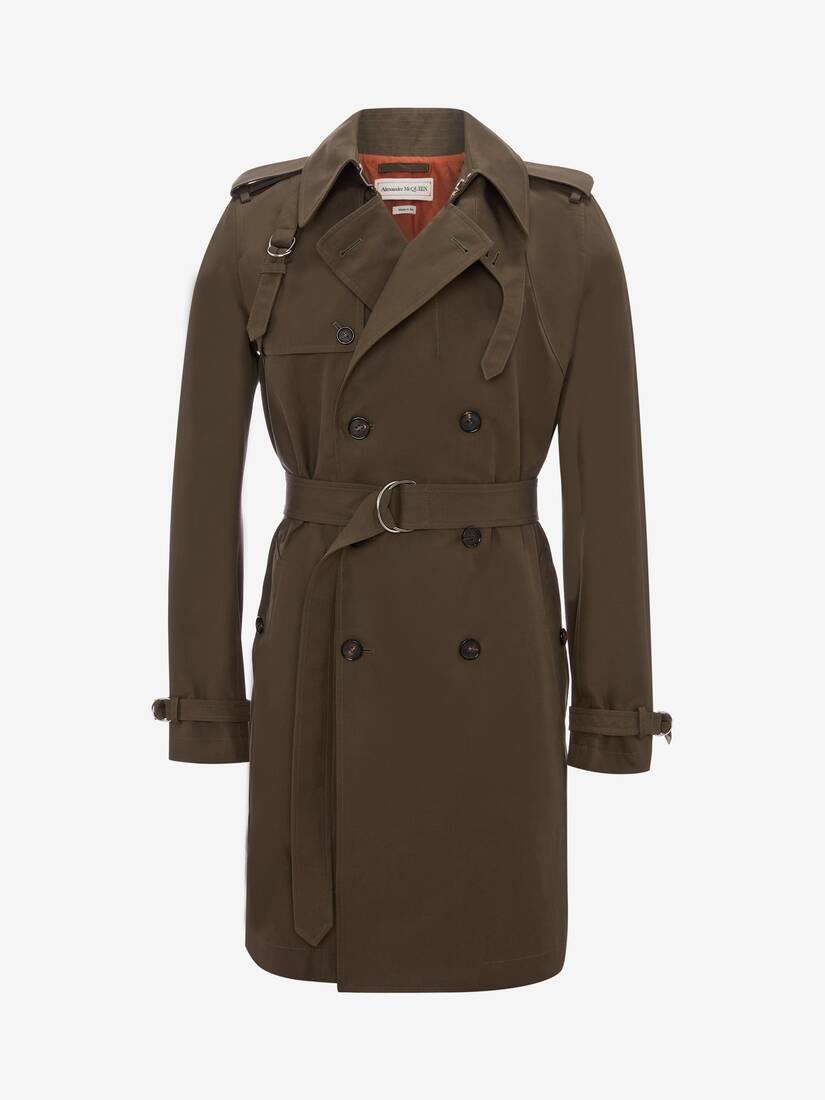 Men's McQueen Classic Harness Trench Coat in Khaki Green - 1