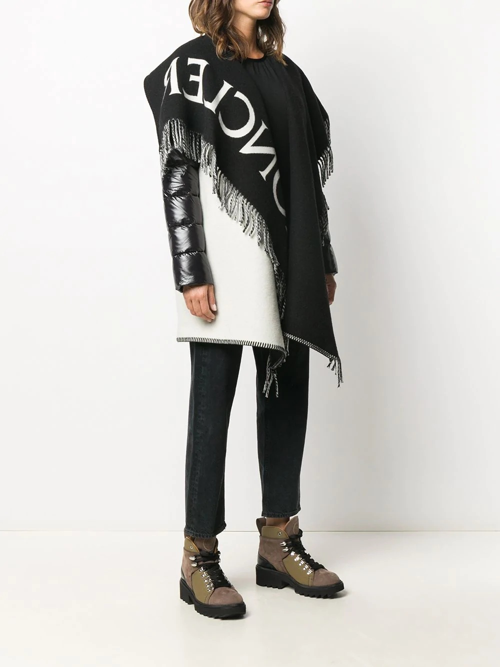 asymmetric fringed edge knitted poncho jacket - 3