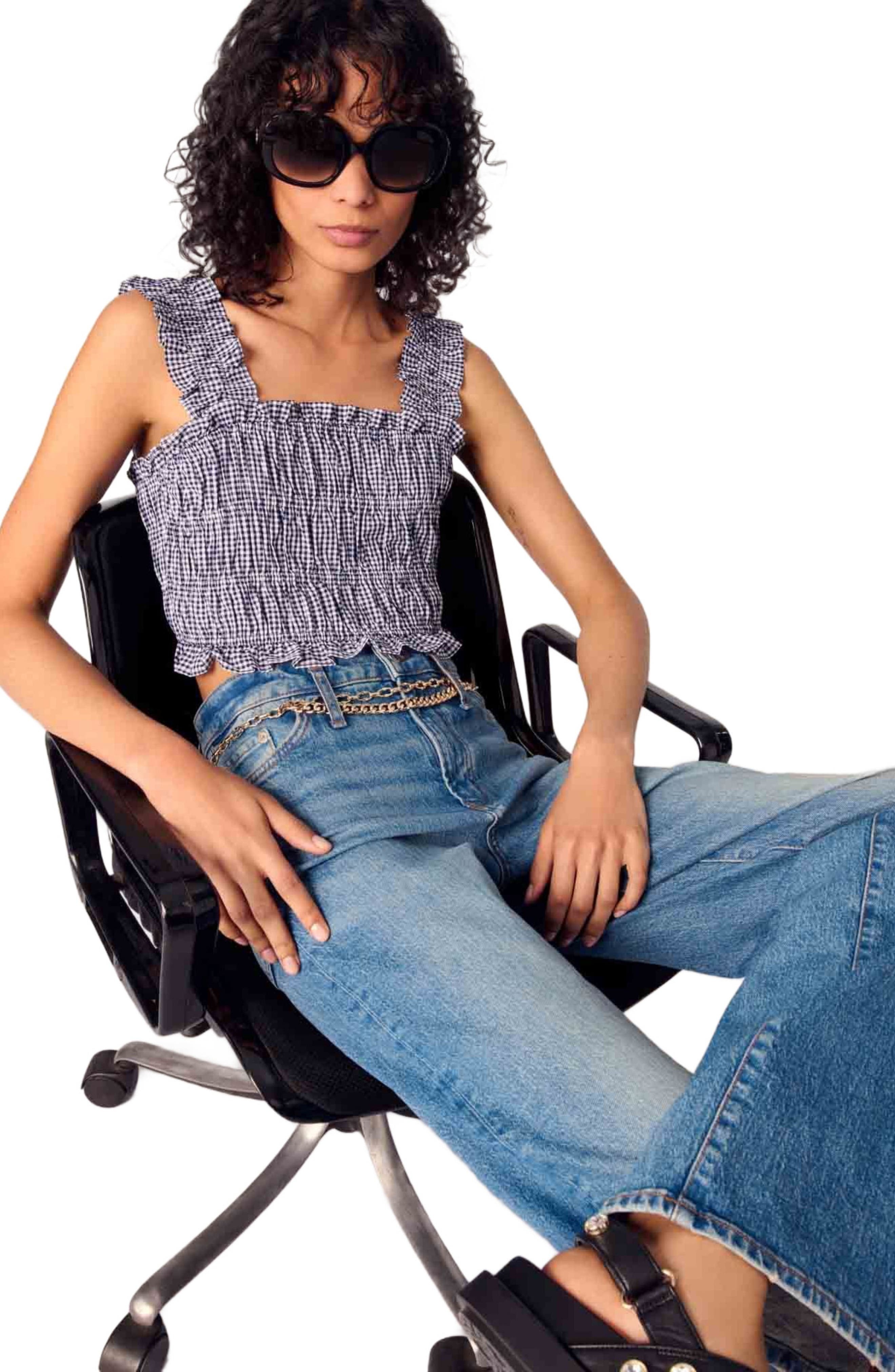 maje Gingham smocked crop top in Navy/white at Nordstrom - 6