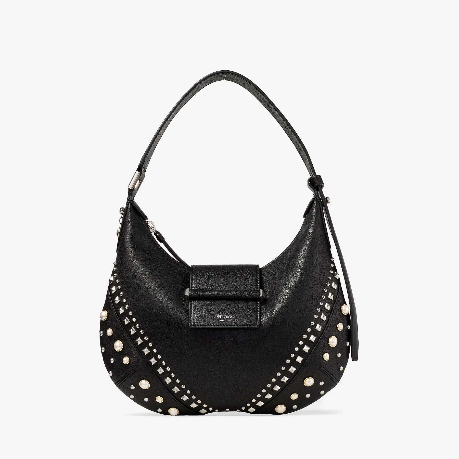 Bar Hobo Small
Black Biker Leather Shoulder Bag with Pearl Studs - 1
