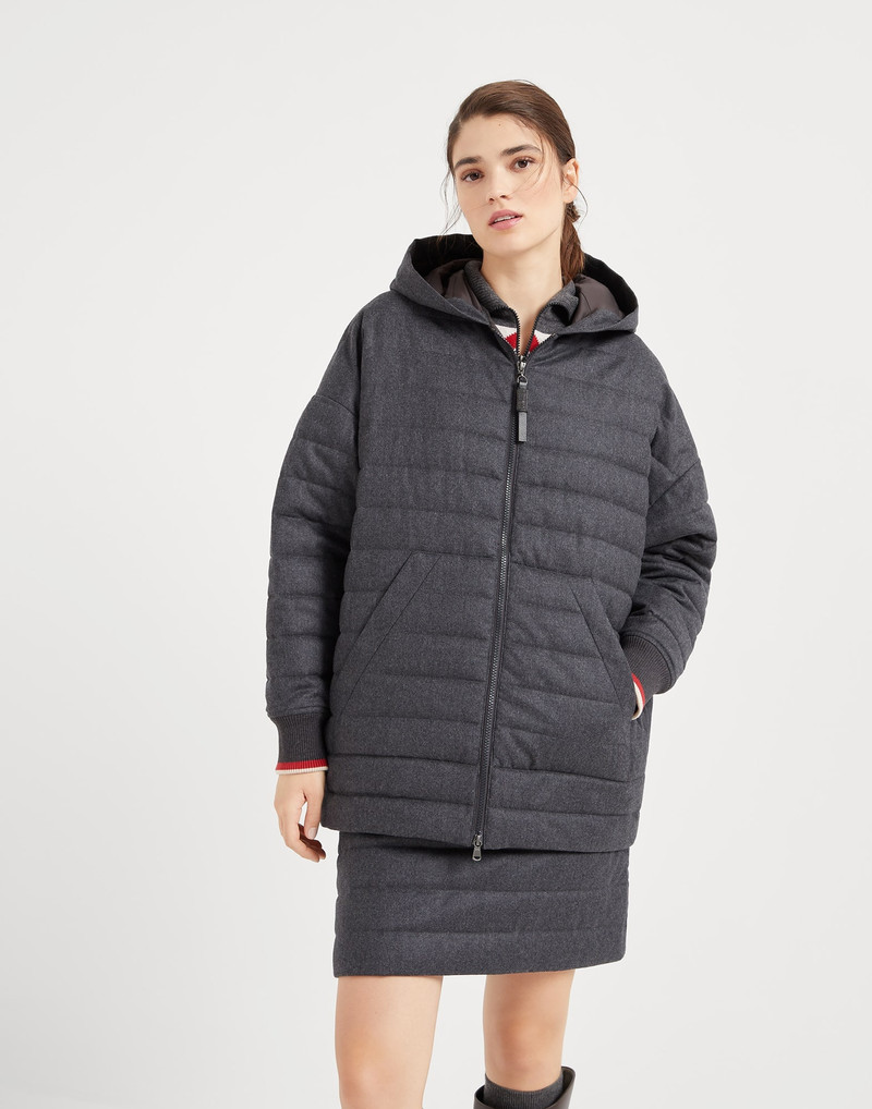 Water-resistant virgin wool flannel hooded outerwear jacket with Thermore® padding and shiny zipper 1