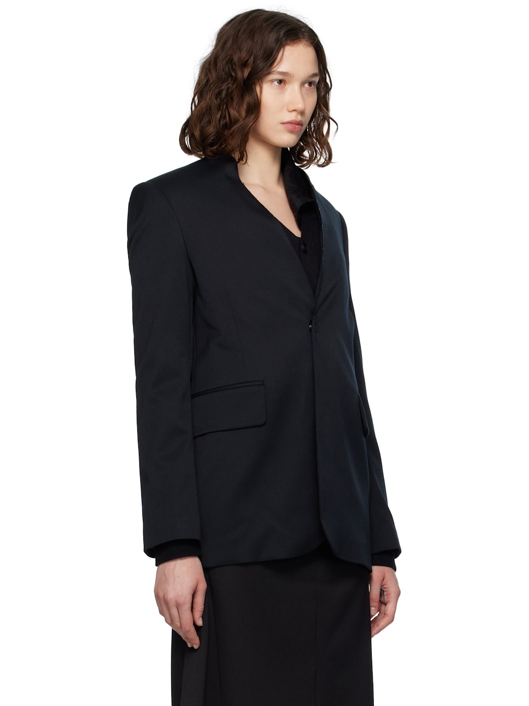 Black Collarless Tailoring Wool Blazer - 2